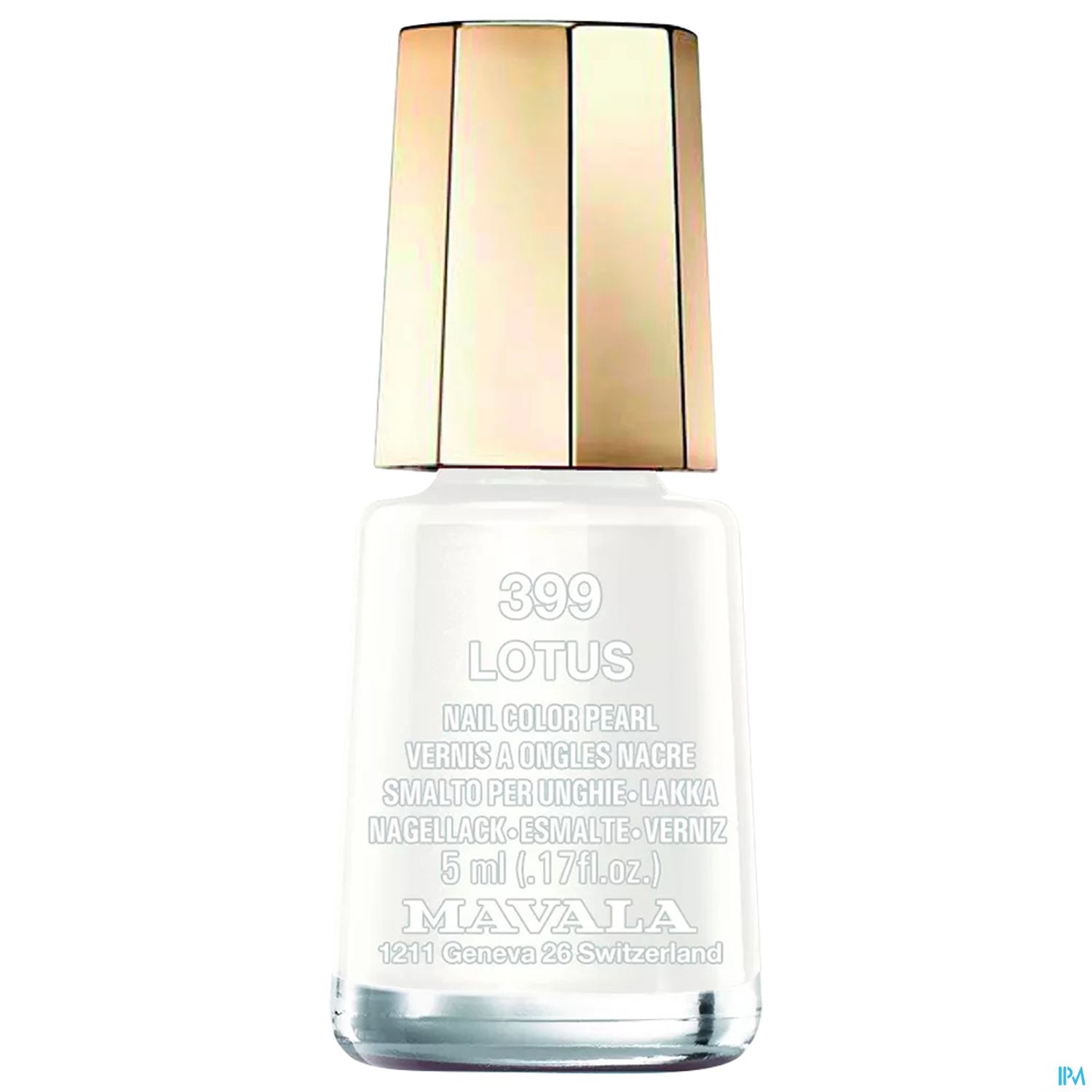 Flasche mit Perlen-Nagellack der Marke MAVA LA, Farbe 399 Lotus, 5 ml Inhalt.