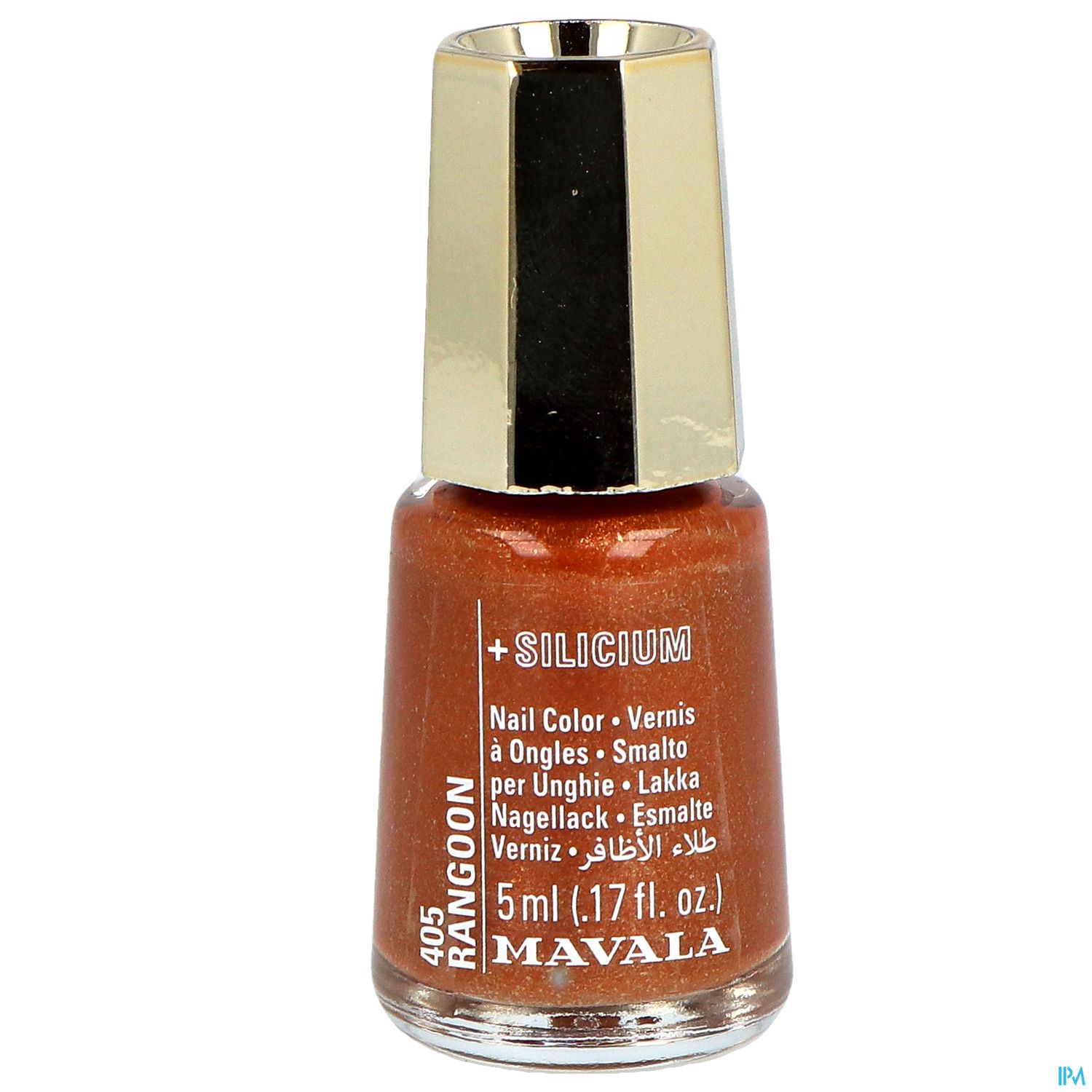 Brauner Nagellack der Marke Mavala mit der Bezeichnung "405 Rangoon" und goldfarbenem Deckel.