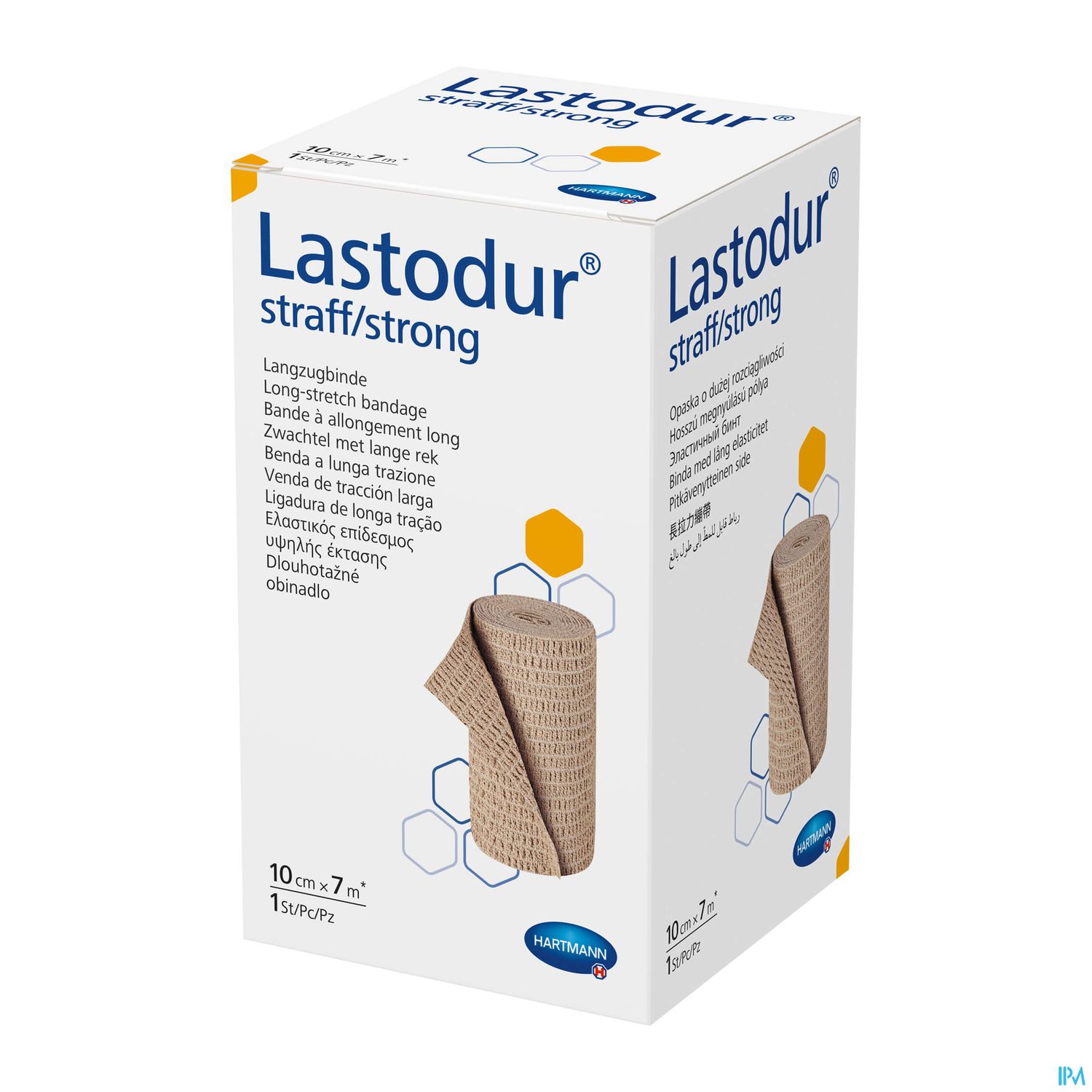 Verpackung des Lastodur straff/strong Langzugbandes, 10 cm x 7 m, mit Produktinformationen und dem Logo der Firma Hartmann.