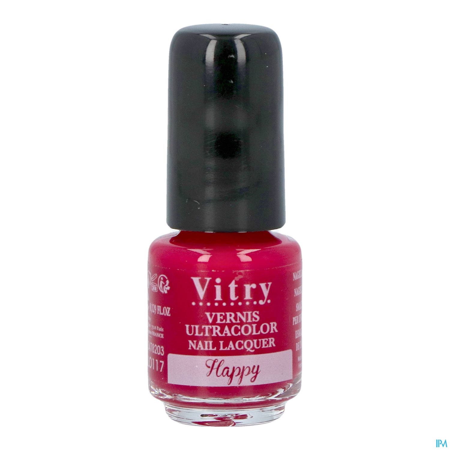 Flasche mit pinkem Nagellack der Marke Vitry, Aufschrift "Vernis Ultracolor" und "Happy" auf dem Etikett.