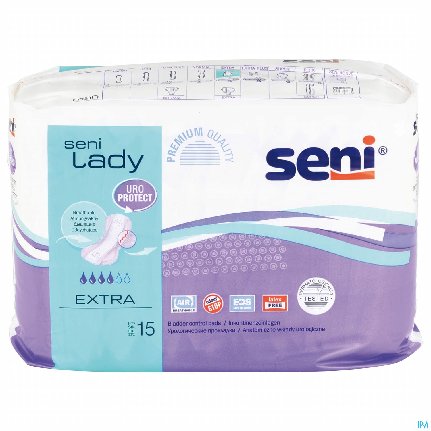 Verpackung mit Inkontinenz-Pads der Marke Seni Lady, Größe Extra, mit der Aufschrift "URO PROTECT" und 15 Stück.