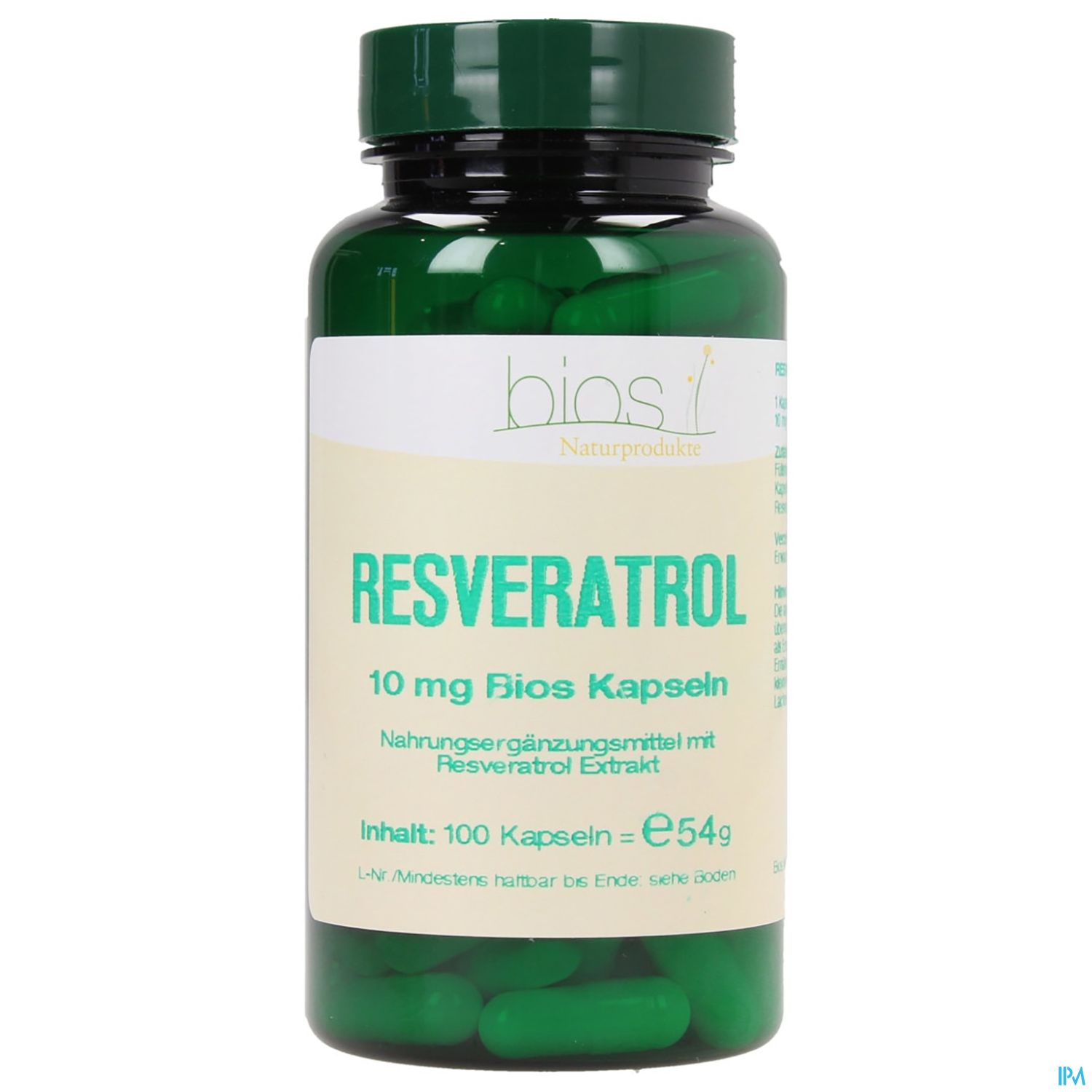 Grüne Kapseln in einer schwarzen Flasche mit der Aufschrift "RESVERATROL 10 mg Bios Kapseln", die Nahrungsergänzungsmittel und den Inhalt von 100 Kapseln zeigt.