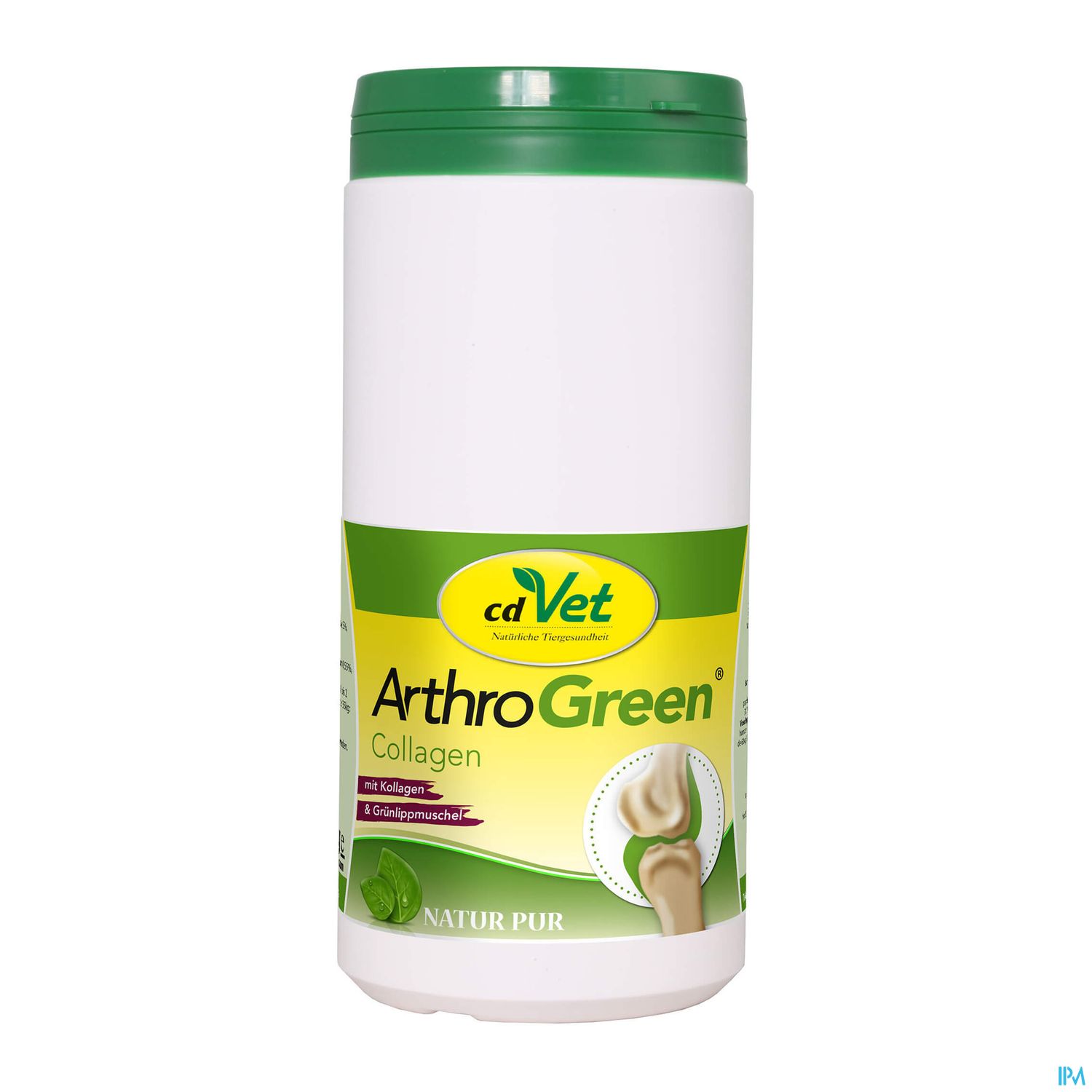 Weißer Behälter mit grünem Deckel und Etikett für „cdVet ArthroGreen Collagen“.