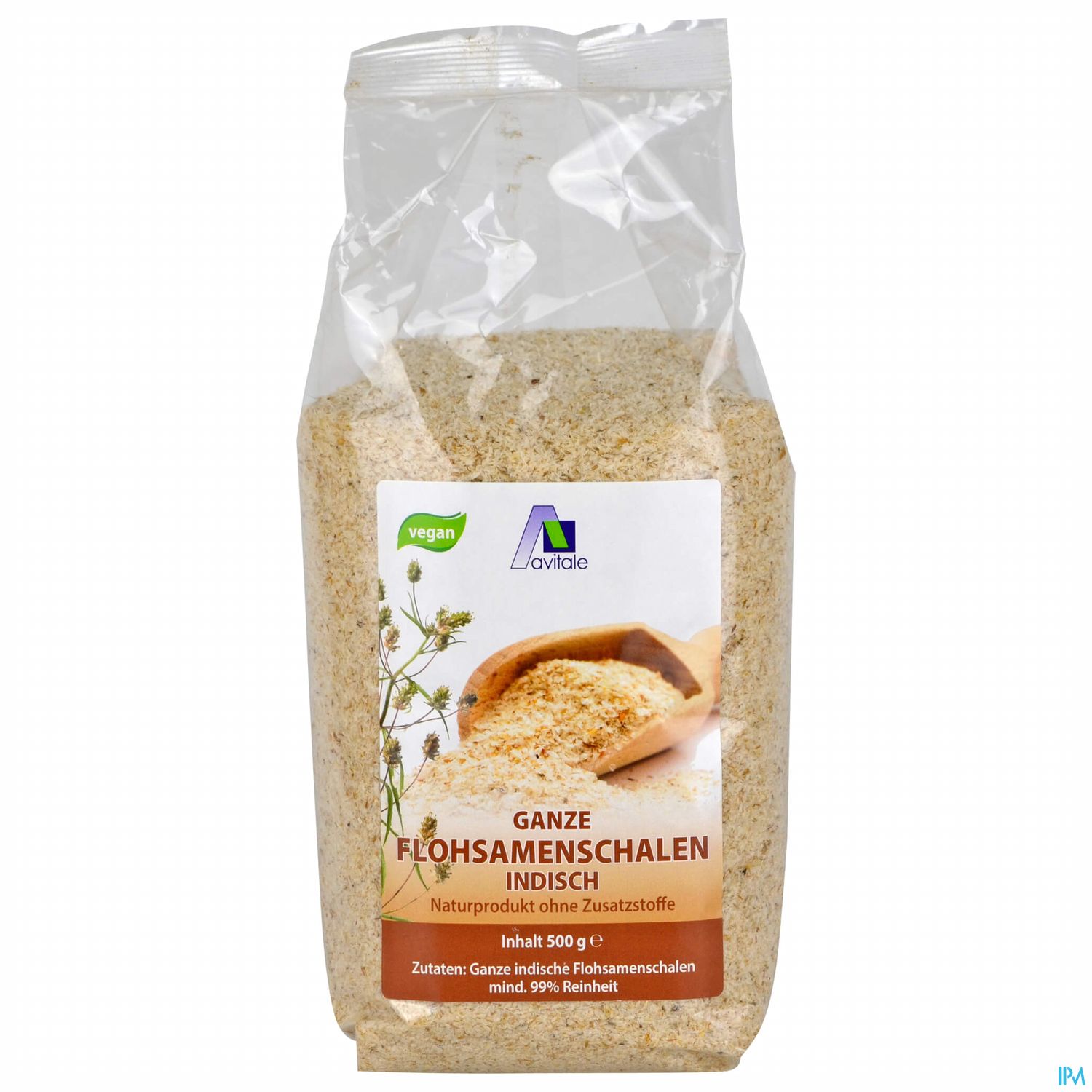 Packung mit ganzen indischen Flohsamenschalen, 500 g, vegan, ohne Zusatzstoffe.