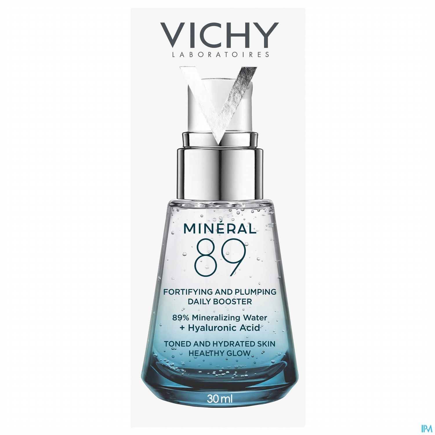 Flasche mit Vichy Mineral 89, transparent, mit silberner Kappe und Aufschrift über Inhalt und Wirkung.