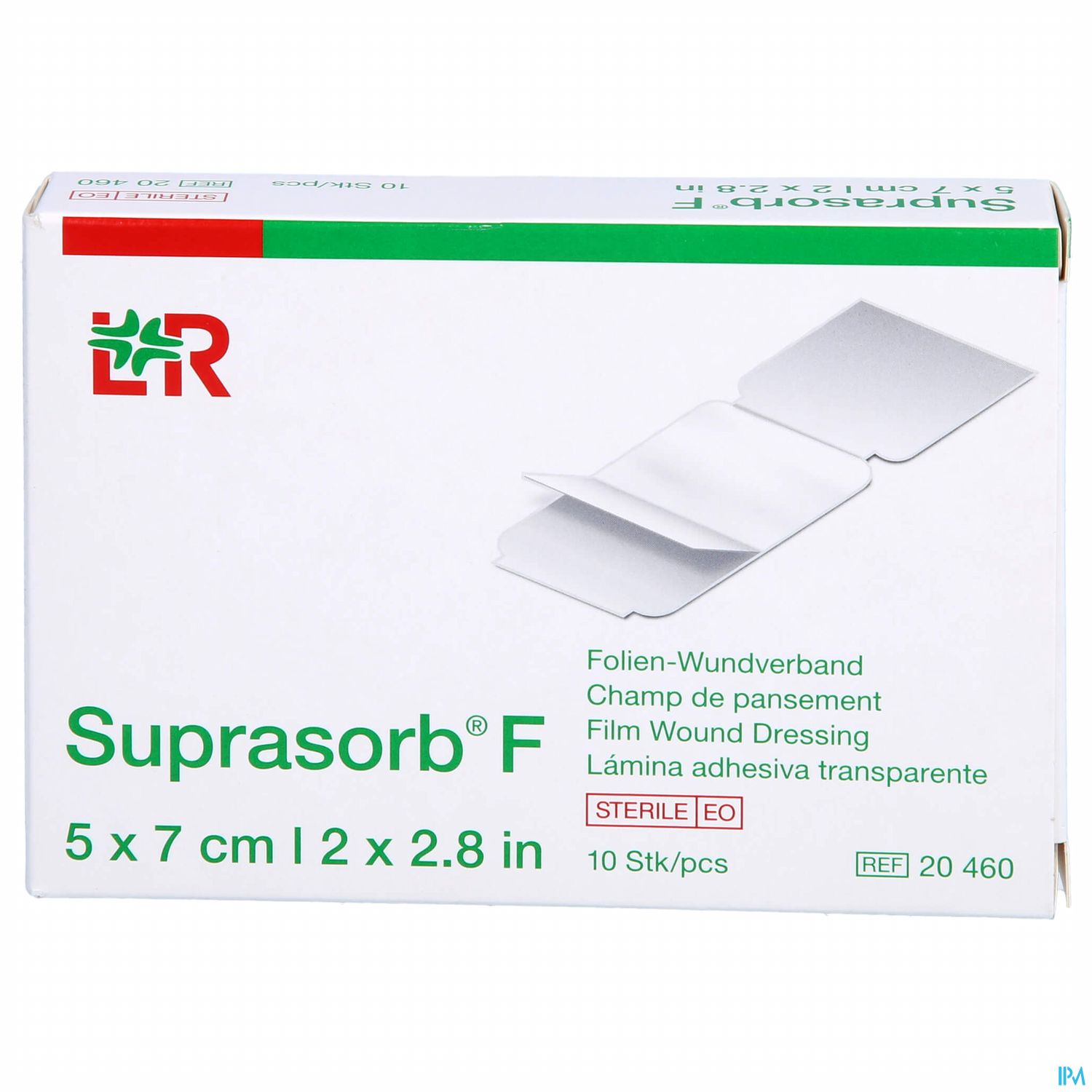 Packung mit Suprasorb® F Folien-Wundverband, Größe 5 x 7 cm, enthält 10 sterile Stücke.