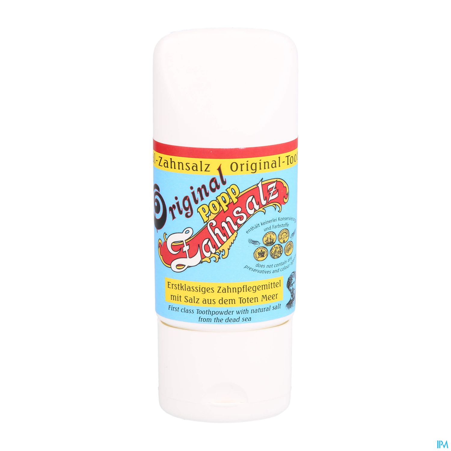 Flasche mit Original Tod-Zahnsalz, einem Zahnpflegemittel mit Salz aus dem Toten Meer.