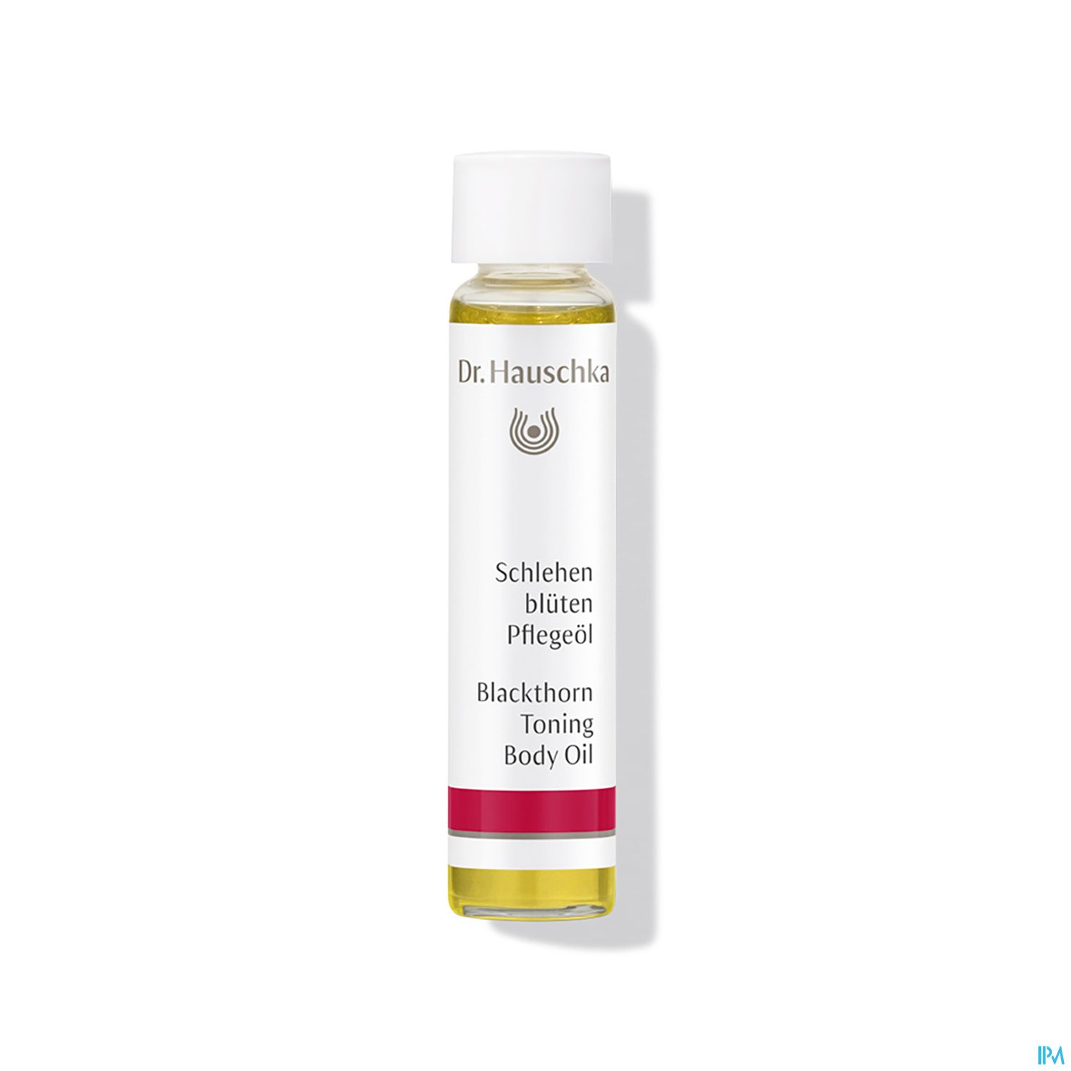 Flasche mit Dr. Hauschka Schlehenblüten Pfölegeöl, transparente Flüssigkeit, weiße Schraubkappe, dekorativer Schriftzug und roter Streifen.