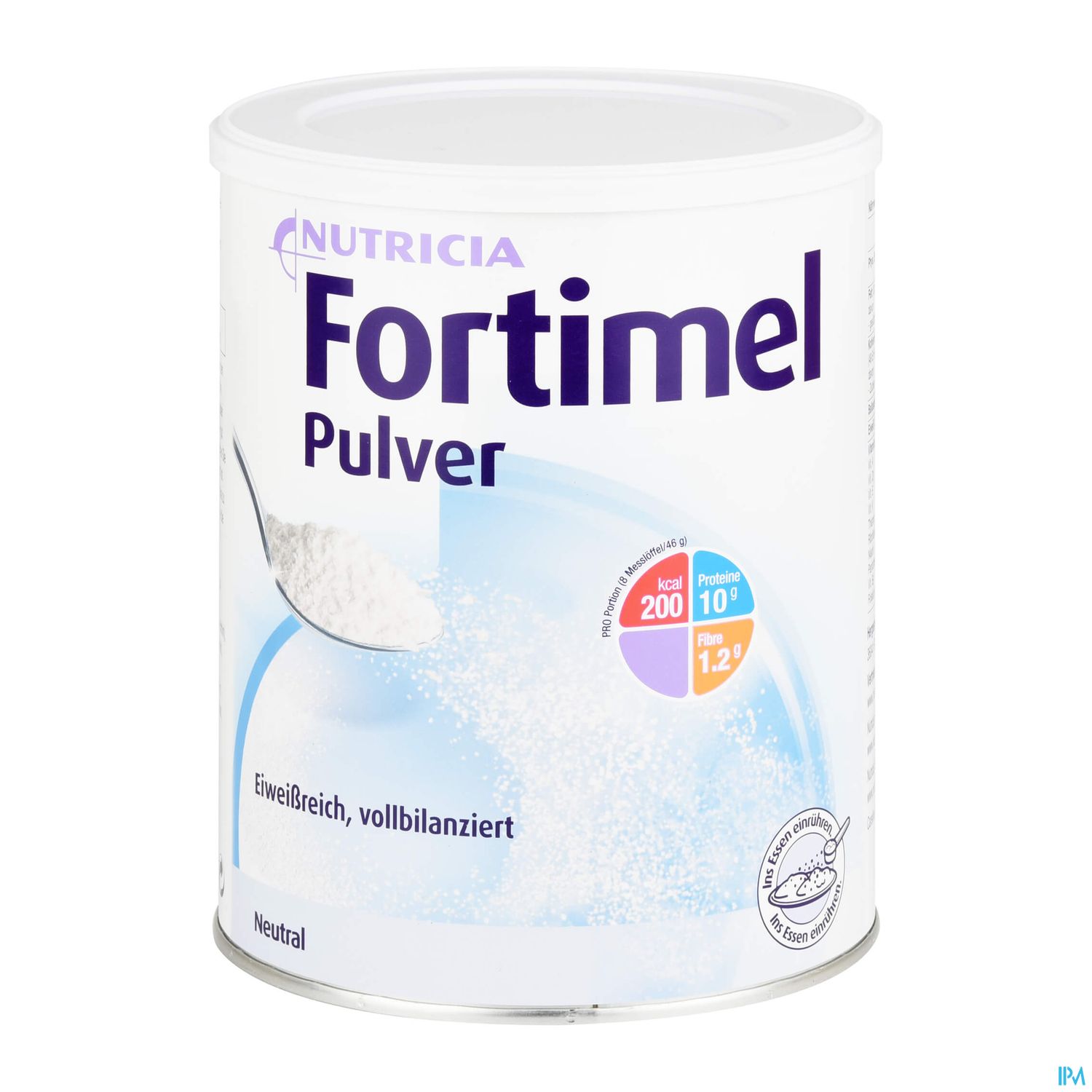 Dose mit Fortimel Pulver, eiweißreich und vollbilanzierte Nahrung.