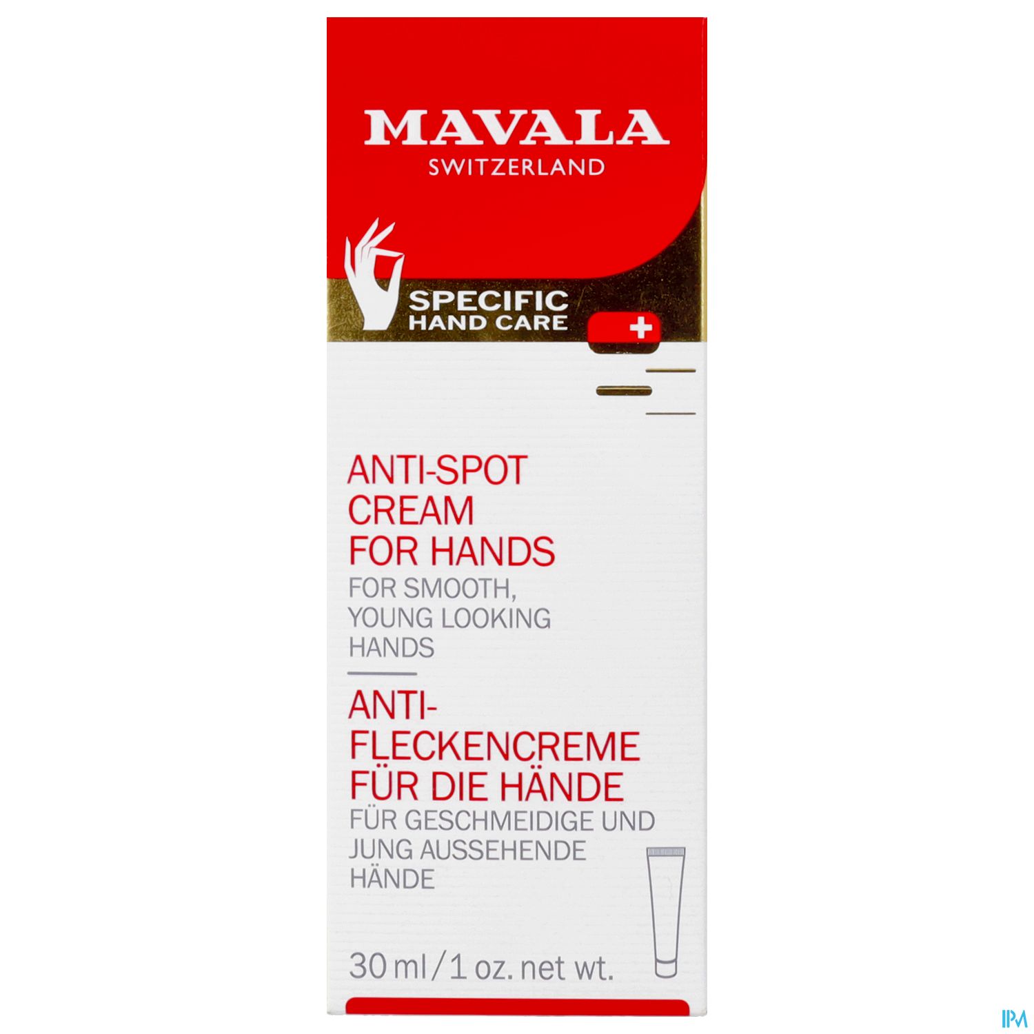 Produktverpackung der Mavala Anti-Fleck-Creme für Hände, 30 ml, mit englischem und deutschem Text.