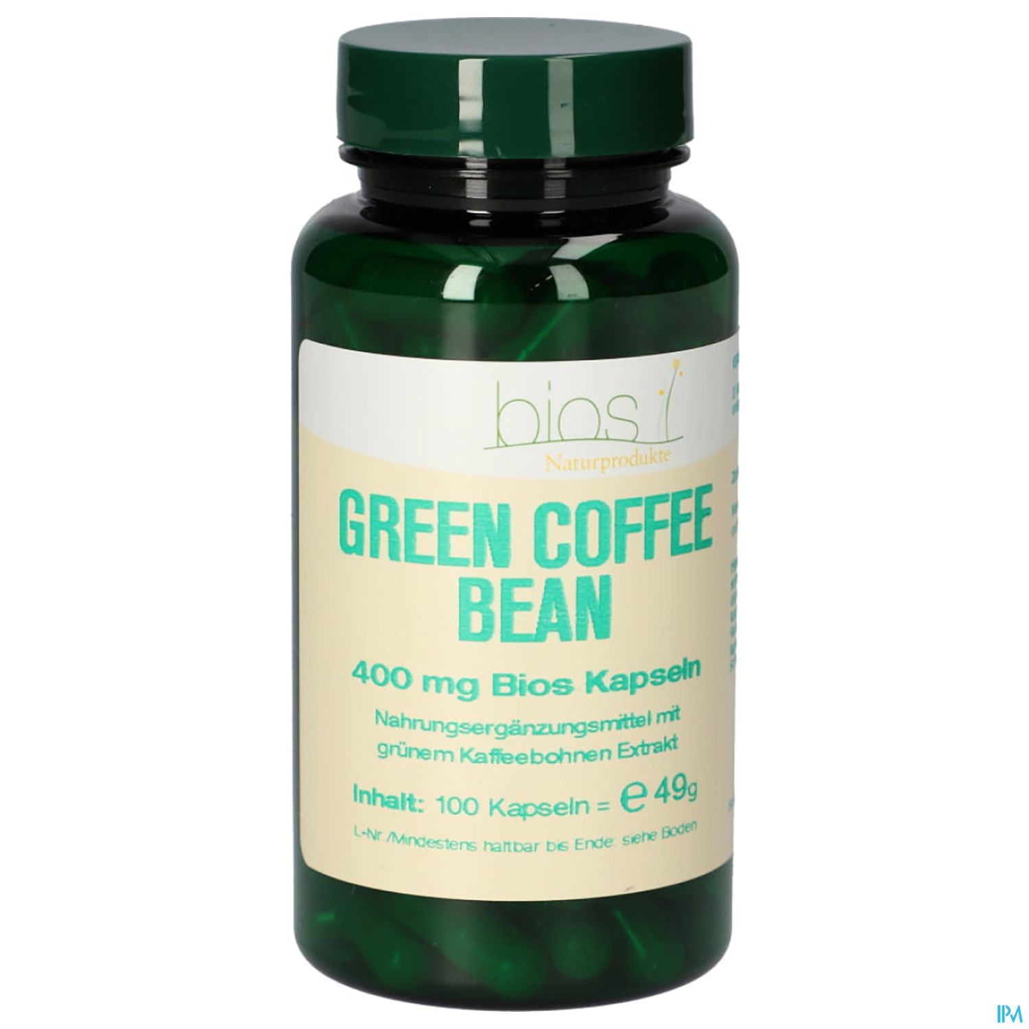 Grüne Kaffeebohnen Kapseln in einer grünen Flasche, Inhalt 100 Kapseln, mit der Bezeichnung "Green Coffee Bean" und Informationen über die Dosierung.
