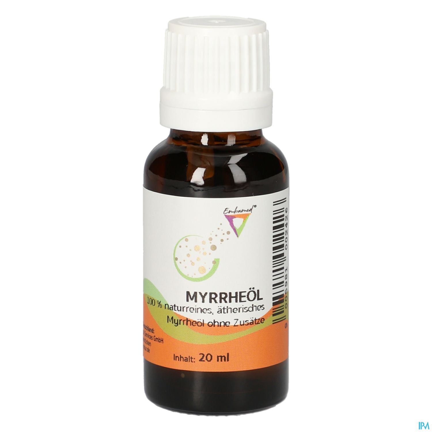 Braungläsere Flasche mit Myrrhöl, 100 % naturrein, 20 ml Inhalt.