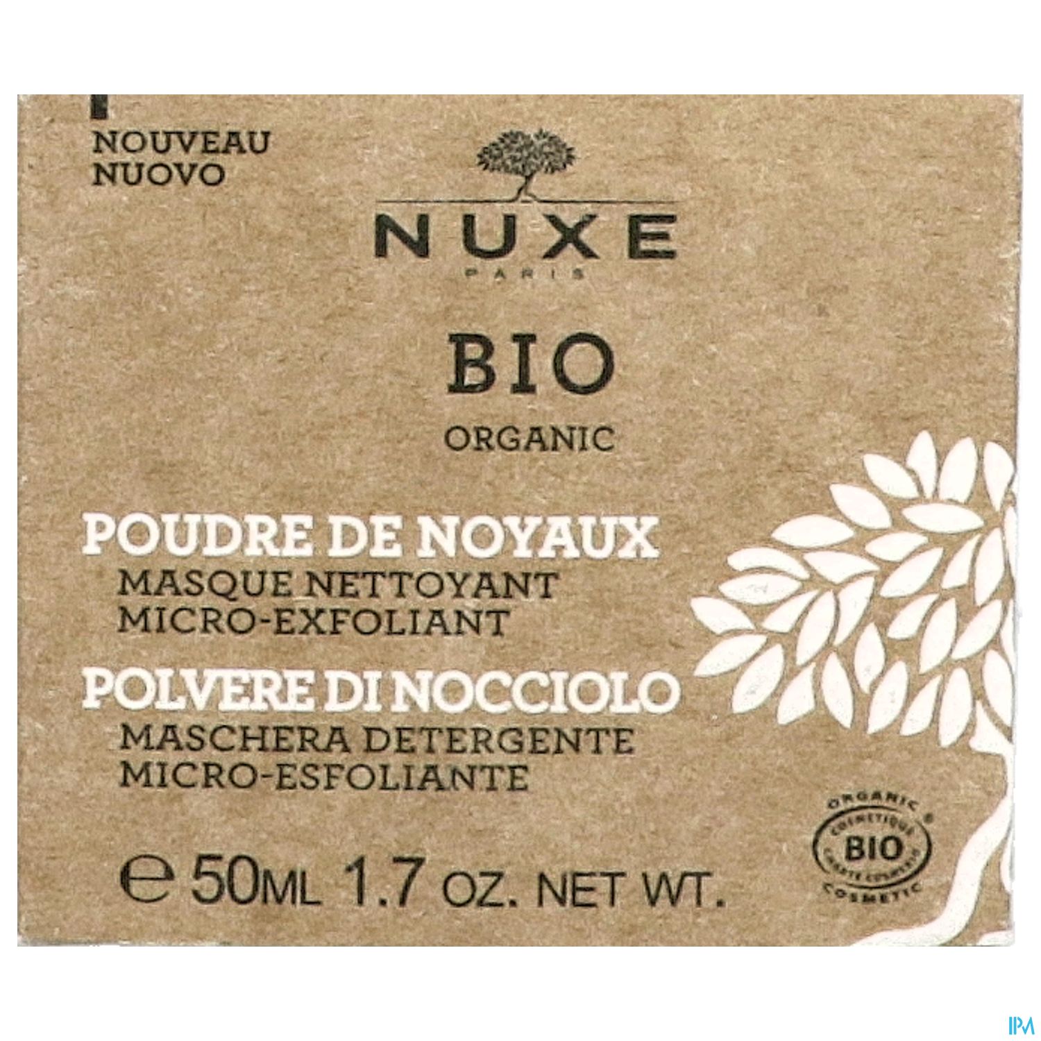 Verpackung eines Bio-Produkts von NUXE mit der Aufschrift „Poudre de Noyaux“ und Hinweisen zu seiner Anwendung als mikro-exfolierende Maske.