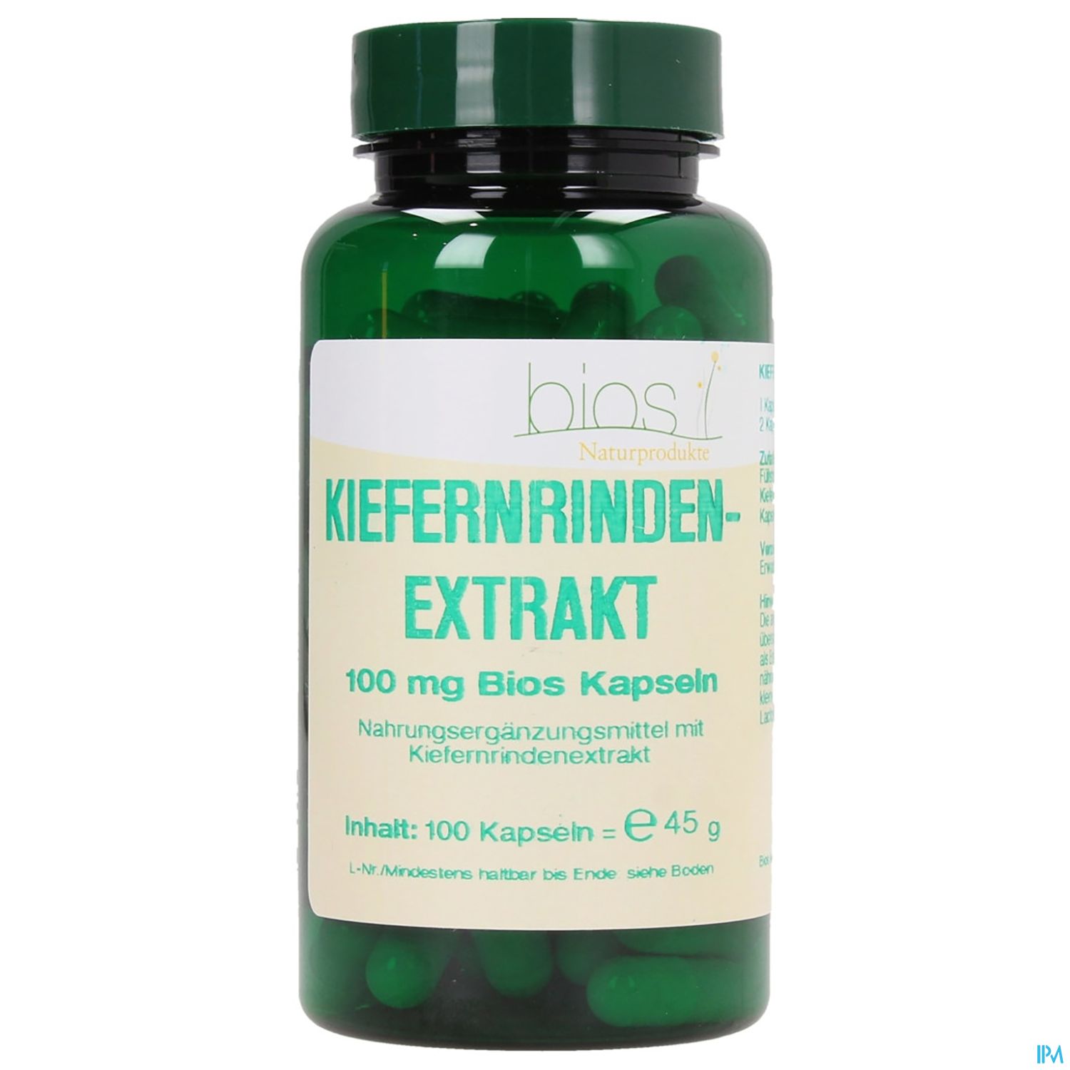 Grüne Verpackung mit der Aufschrift "Kiefernrinden-Extrakt", 100 mg Bios Kapseln, enthält 100 Kapseln.