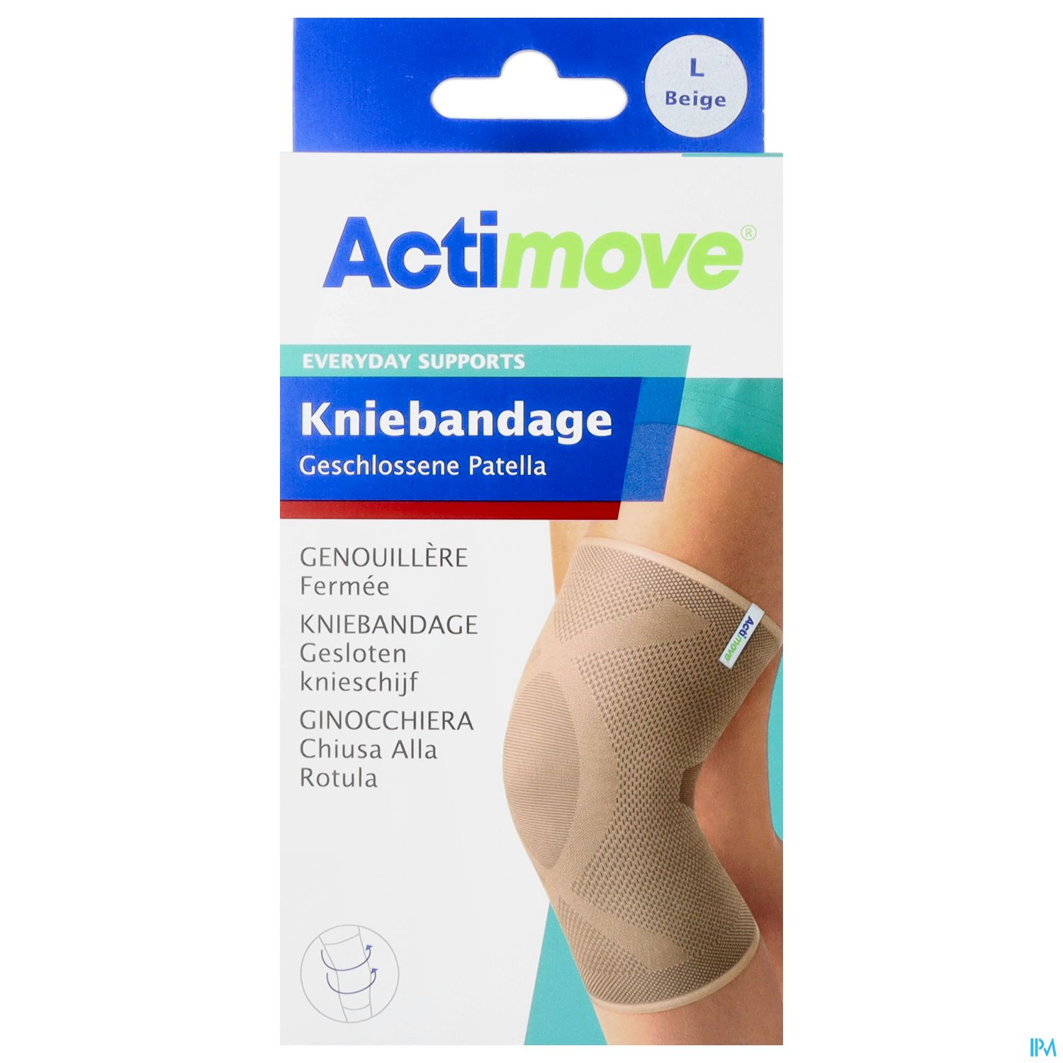 Bild der Verpackung einer kniebandage von Actimove in beige, beschriftet mit "Kniebandage Geschlossene Patella".