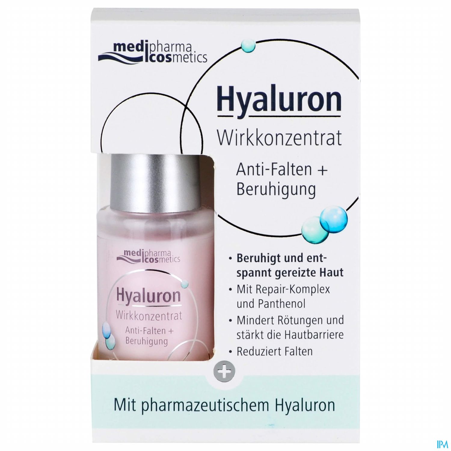 Flasche mit Hyaluron-Wirkkonzentrat in einer Verpackung, beschriftet mit "Anti-Falten + Beruhigung".