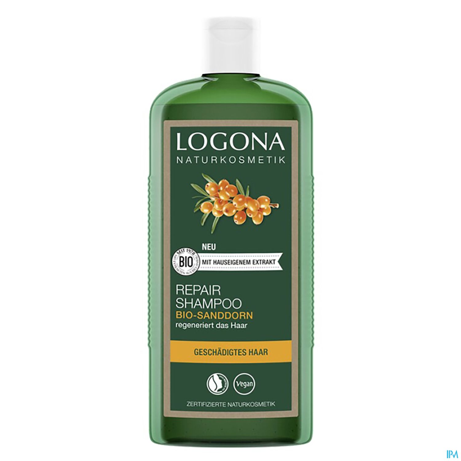 Flasche mit Logona Repair Shampoo für geschädigtes Haar, mit Bio-Sanddorn-Extrakt.