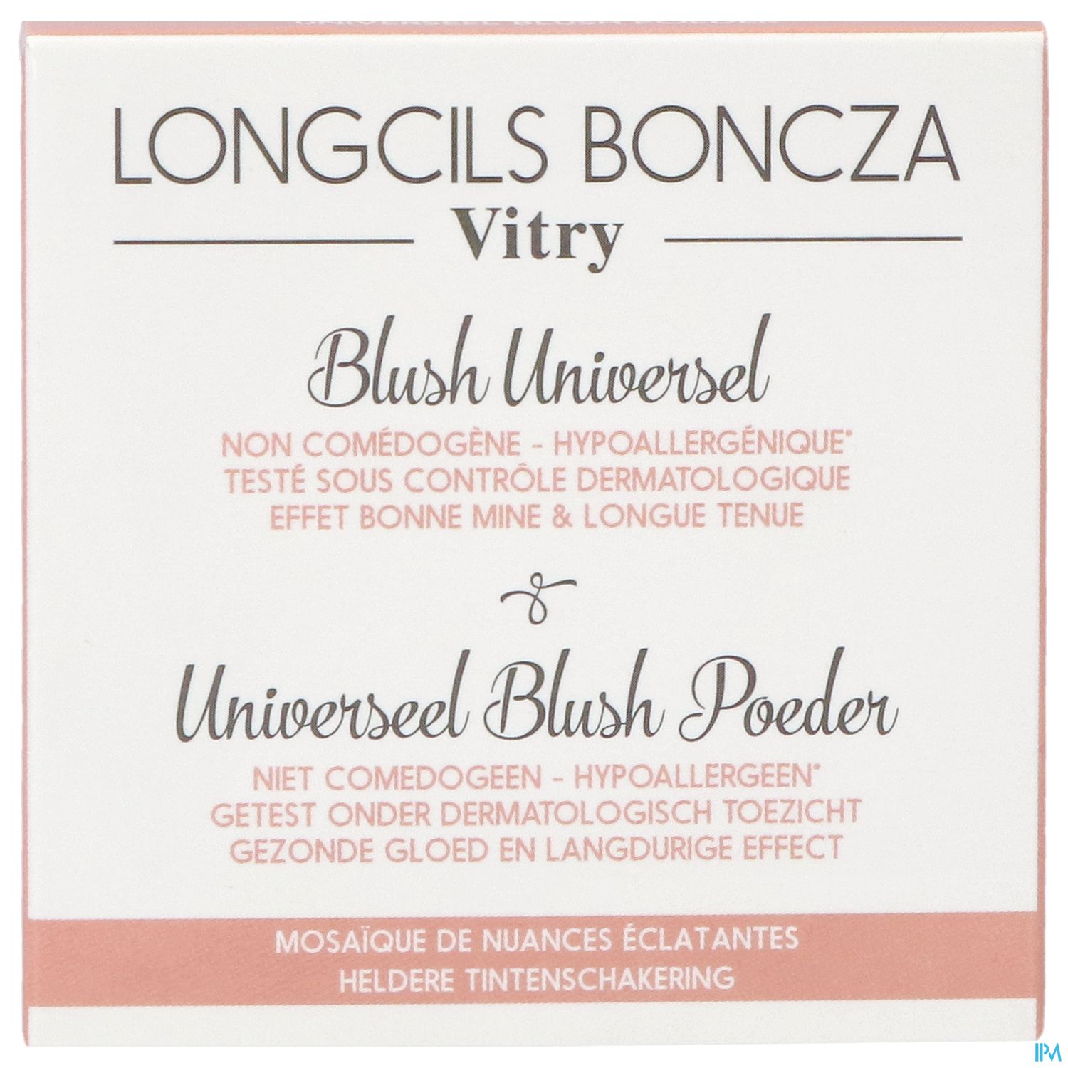 Produktverpackung für Blush Universal von Longcils Bonzaz, Vitry, mit Informationen zu hypoallergenen Eigenschaften und dermatologischen Tests.
