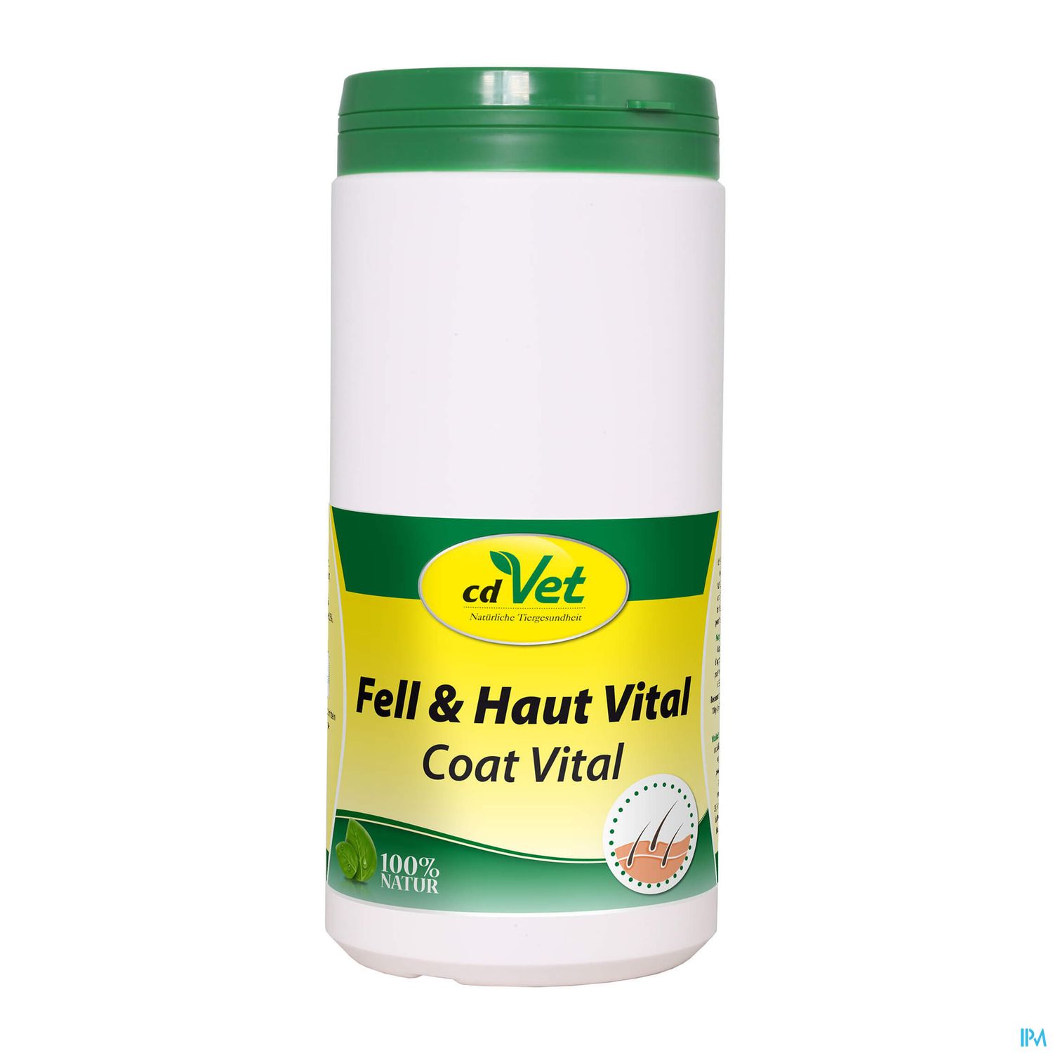 Weißer Behälter mit grünem Deckel und gelbem Etikett, beschriftet mit "cdVet Fell & Haut Vital Coat Vital" und dem Hinweis "100% Natur".