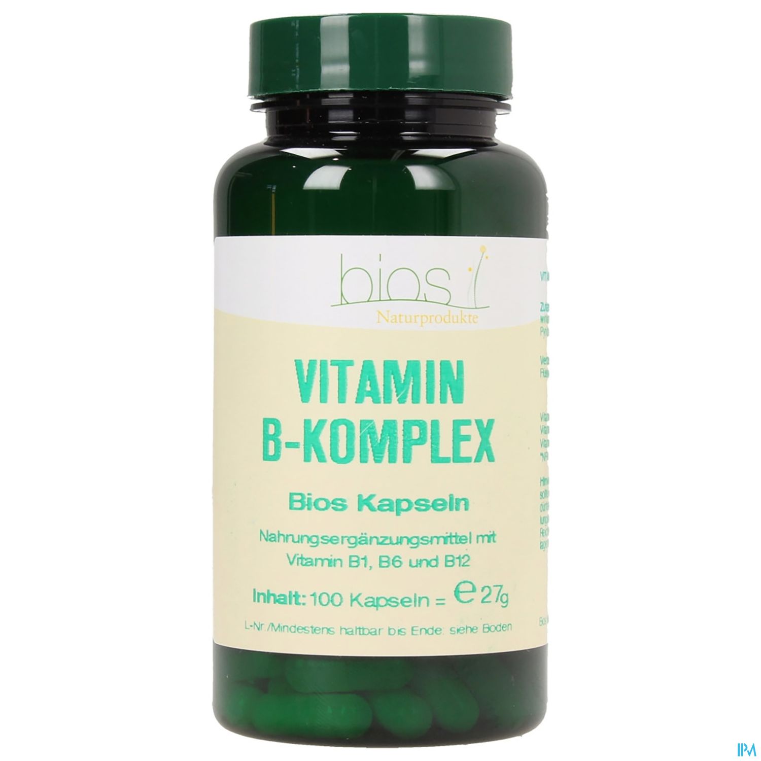 Grüne Flasche mit Vitamin B-Komplex Kapseln, Etikett enthält Informationen zu Inhaltsstoffen und Anbieter.