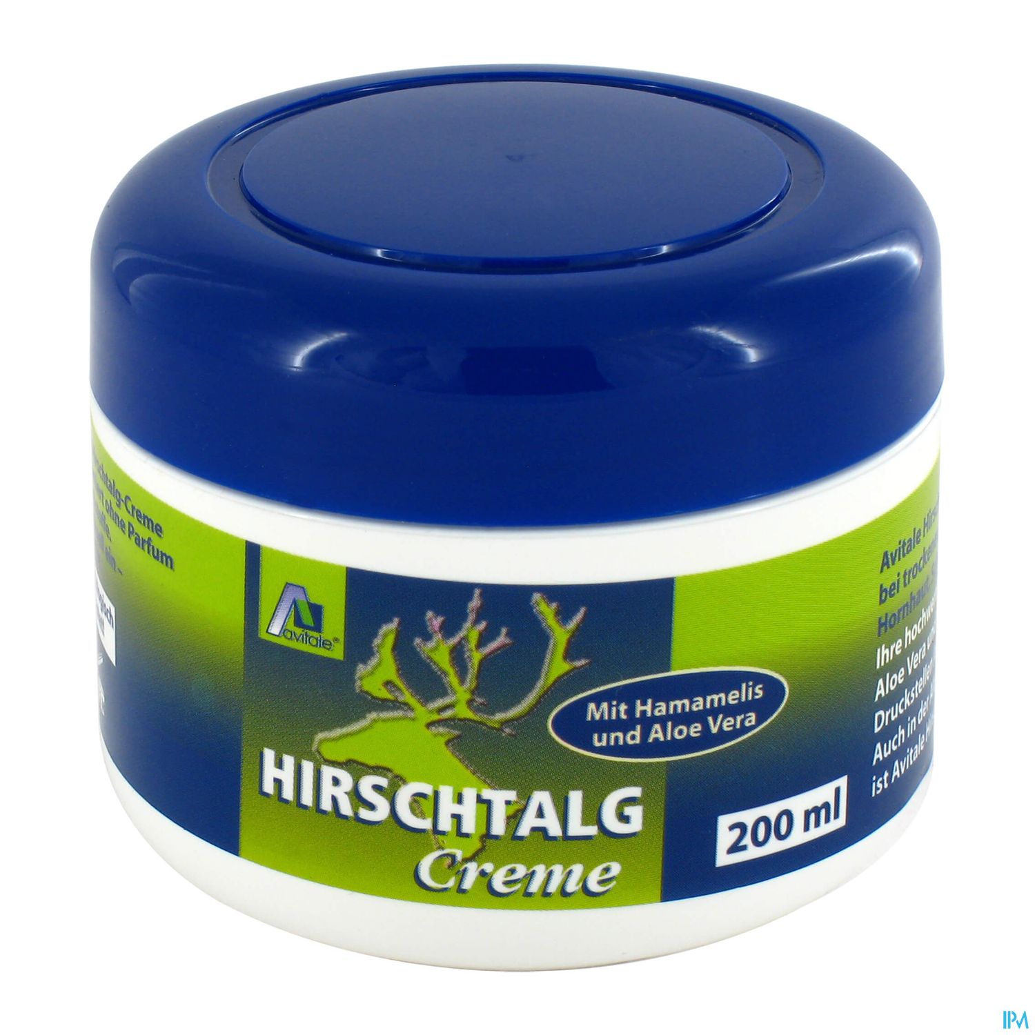 Tiegel mit Hirschtalgcreme (200 ml), verziert mit einem blauen Deckel und grüner Verpackung, Hinweis auf Inhaltsstoffe: Hamamelis und Aloe Vera.