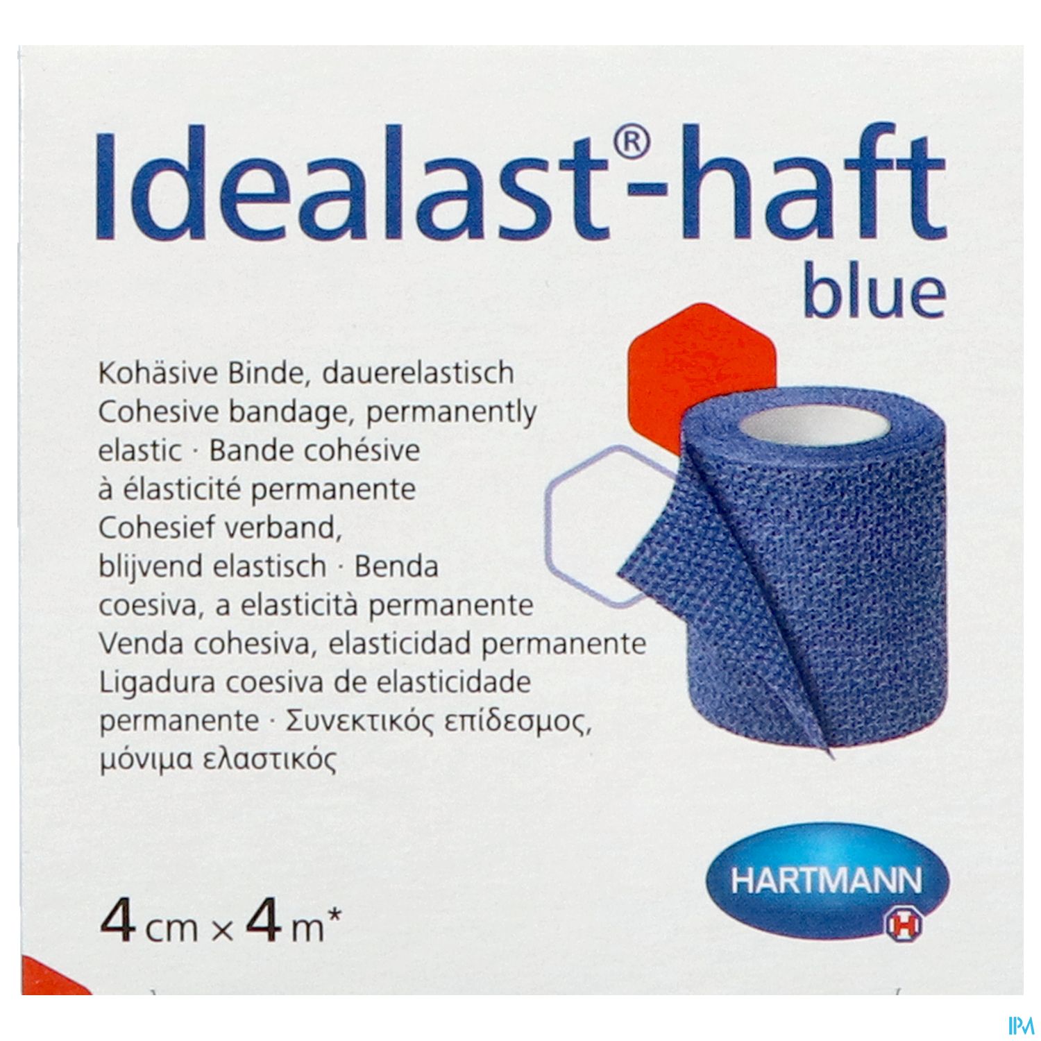 Verpackung einer blauen kohäsiven elastischen Binde mit der Aufschrift "Idealast-haft blue", 4 cm x 4 m, von Hartmann.