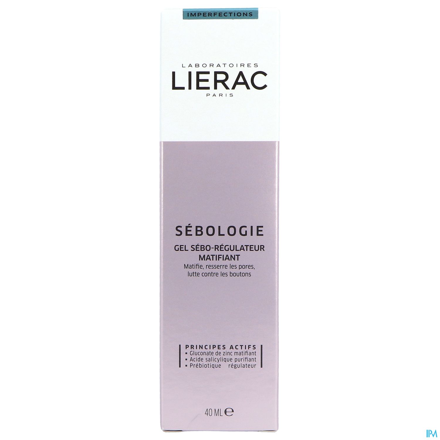 Verpackung eines Hautpflegeprodukts von Lierac, mit dem Namen "Sébologie Gel Sébo-Régulateur Matifiant" und einer Beschreibung über aktive Inhaltsstoffe zur Bekämpfung von Hautunreinheiten.
