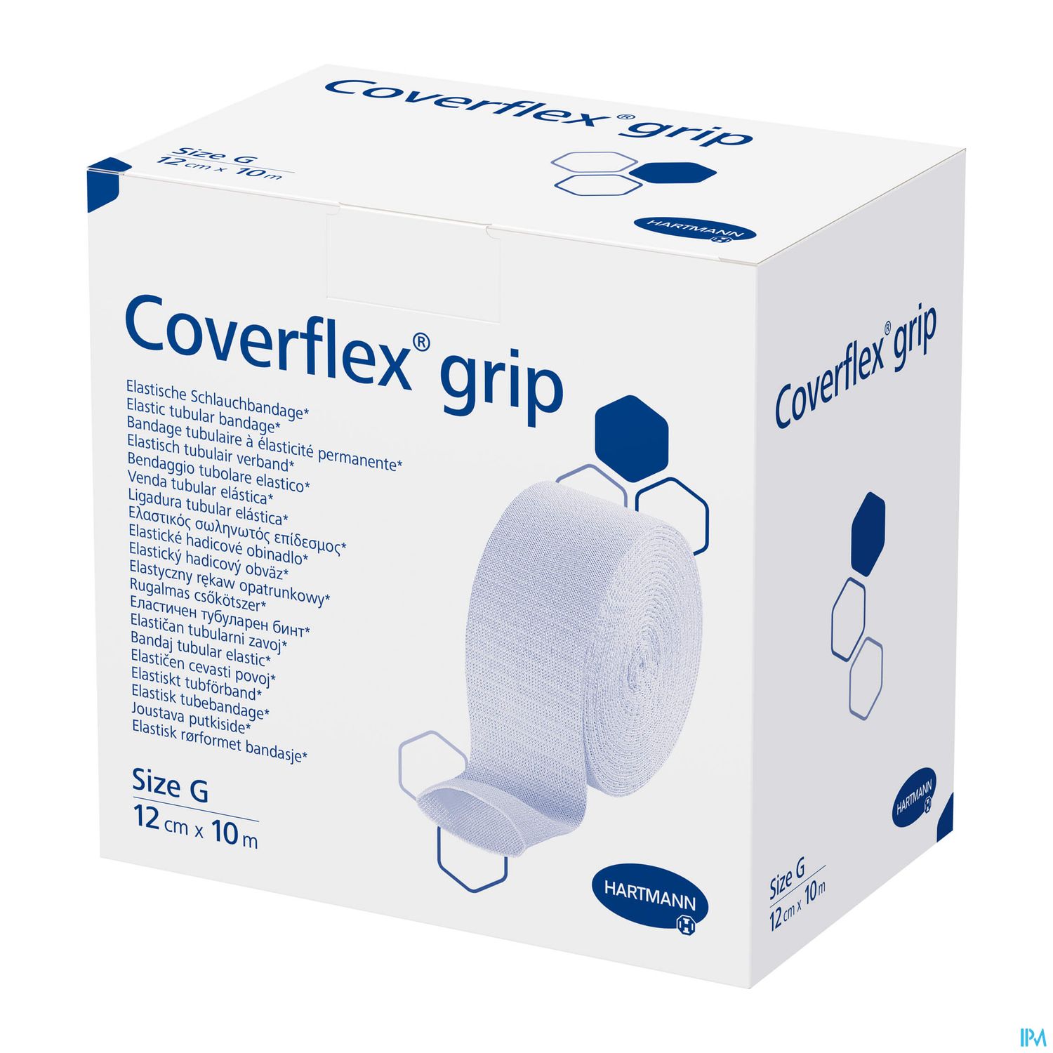 Verpackung eines elastischen Verbandes namens "Coverflex® grip" in der Größe G, 12 cm x 10 m, hergestellt von Hartmann.