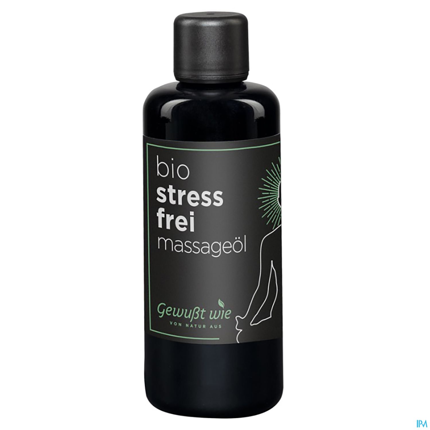 Schwarze Flasche mit Bio-Massageöl, beschriftet mit "bio stressfrei massageöl" und dem Logo "gewusst wie".