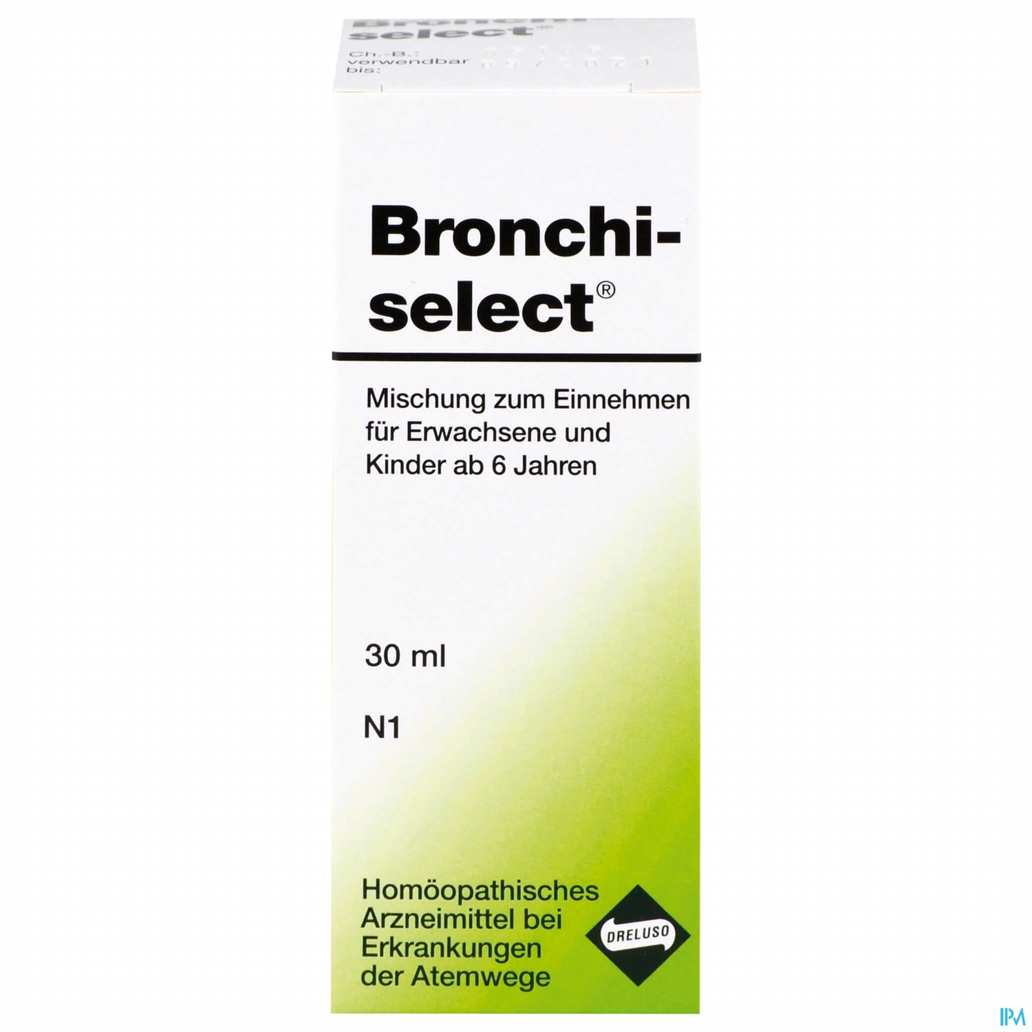 Packungsdesign des Homöopathischen Arzneimittels "Bronchi-select" zur Einnahme für Erwachsene und Kinder ab 6 Jahren, 30 ml.