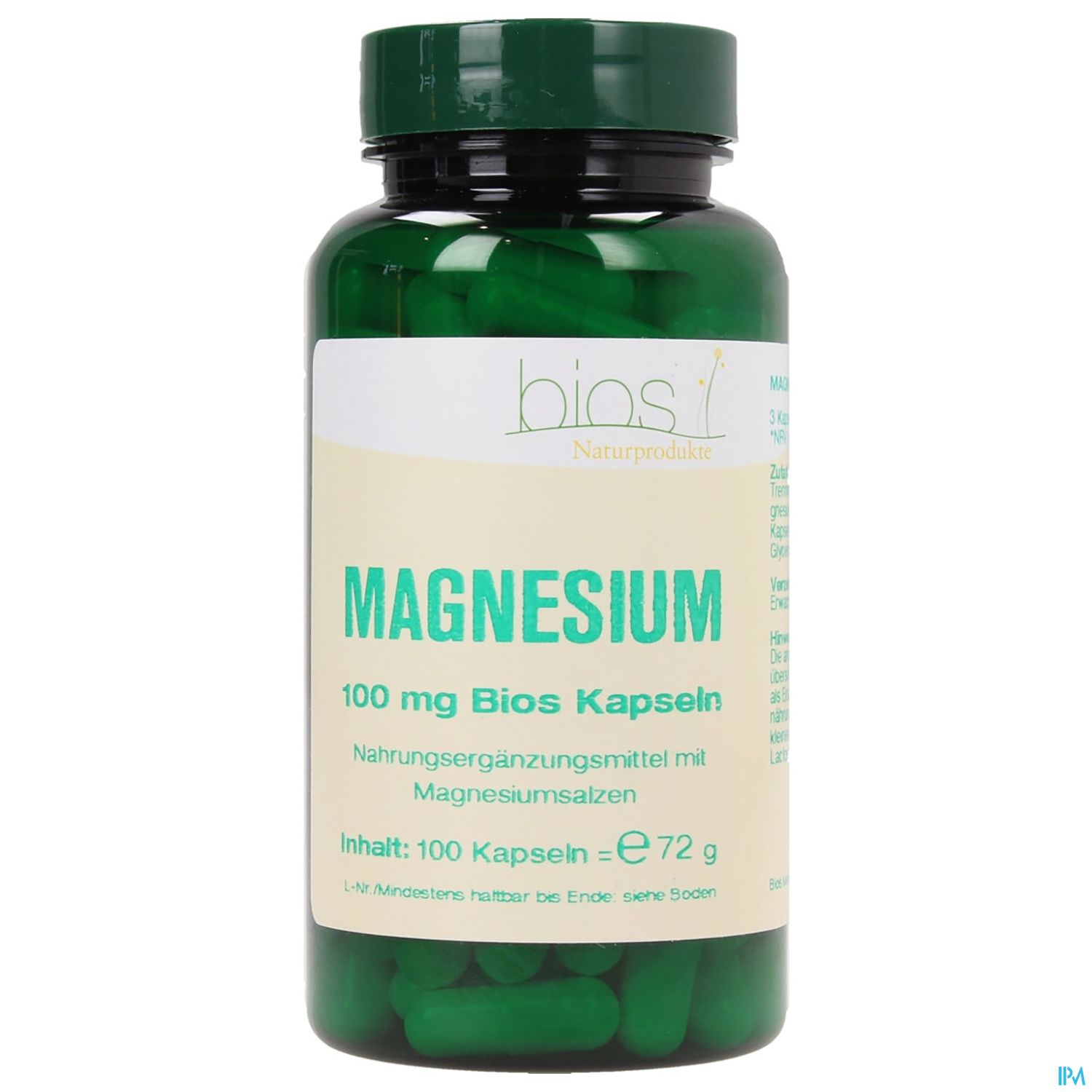 Schwarze Flasche mit grünen Kapseln, Etikett in Türkis mit der Aufschrift "Magnesium 100 mg Bios Kapseln".