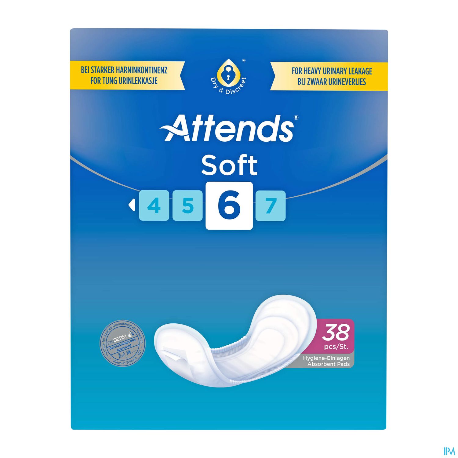 Verpackung von Attends Soft Inkontinenzprodukten mit der Angabe „Für starke Harninkontinenz bei schwerer Urinverlust“, enthält 38 Stück.