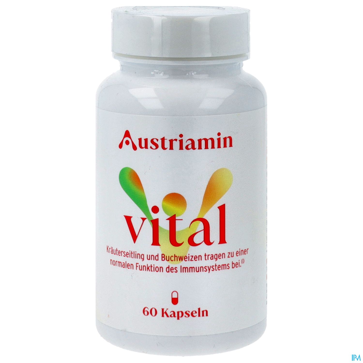 Weißer Flaschenbehälter mit rotem Text "Austrianmin vital" und Informationen über Kapseln zur Unterstützung des Immunsystems.