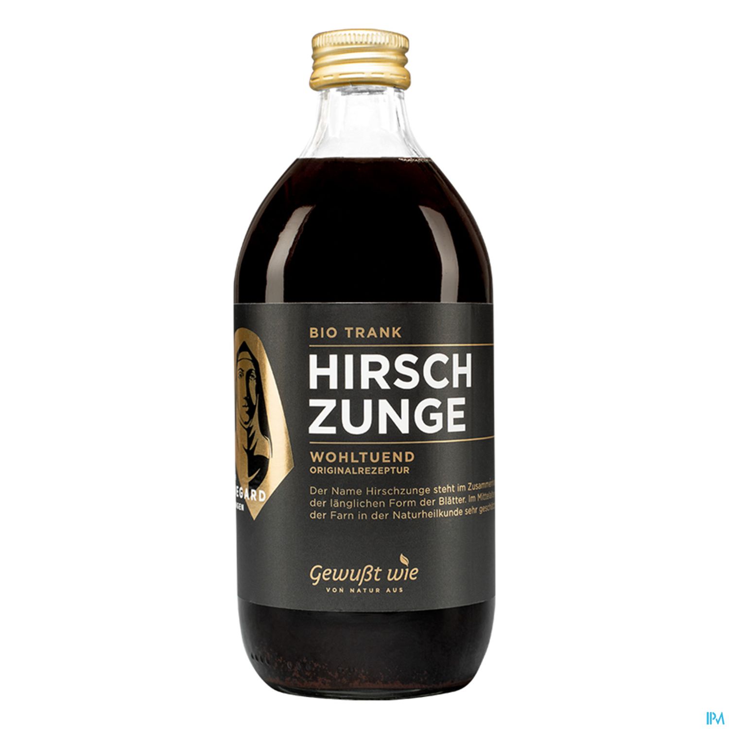 Eine Flasche des Bio-Getränks "Hirschzunge" mit schwarzem Etikett und goldener Schrift.