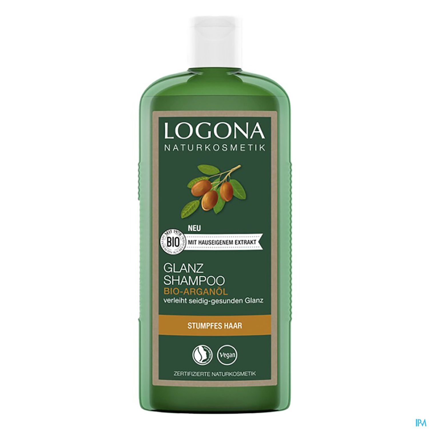 Grüner Shampoo-Flasche von Logona mit dem Text "Glanz Shampoo Bio-Arganöl" und einer Abbildung von Arganfrüchten.