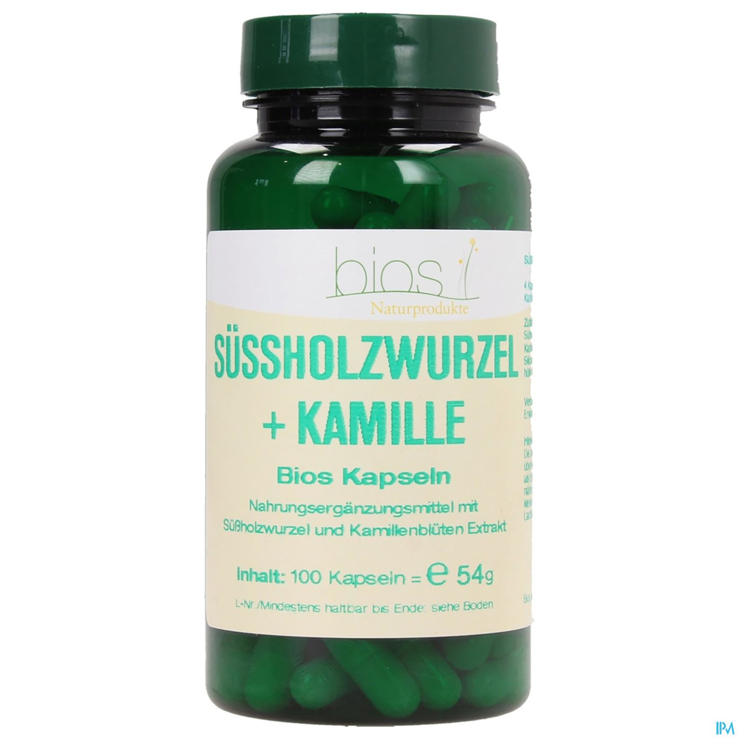 Grüne Kapsel-Flasche mit der Aufschrift "Süßholz Wurzel + Kamille" von bios, enthält 100 Kapseln, 54 g Inhalt.