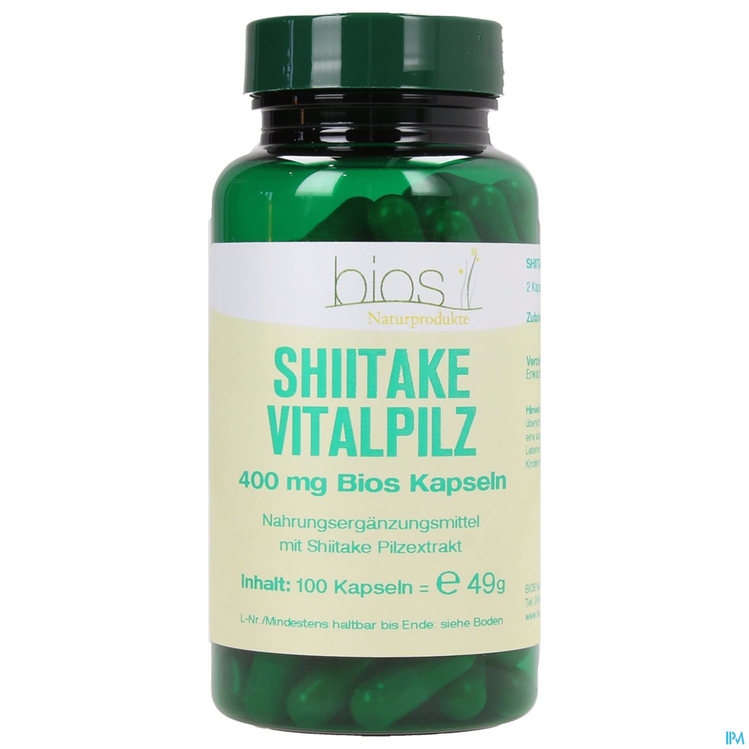 Grüne Kapsel-Flasche mit der Bezeichnung "Shiitake Vitalpilz 400 mg Bios Kapseln", enthalten 100 Kapseln.