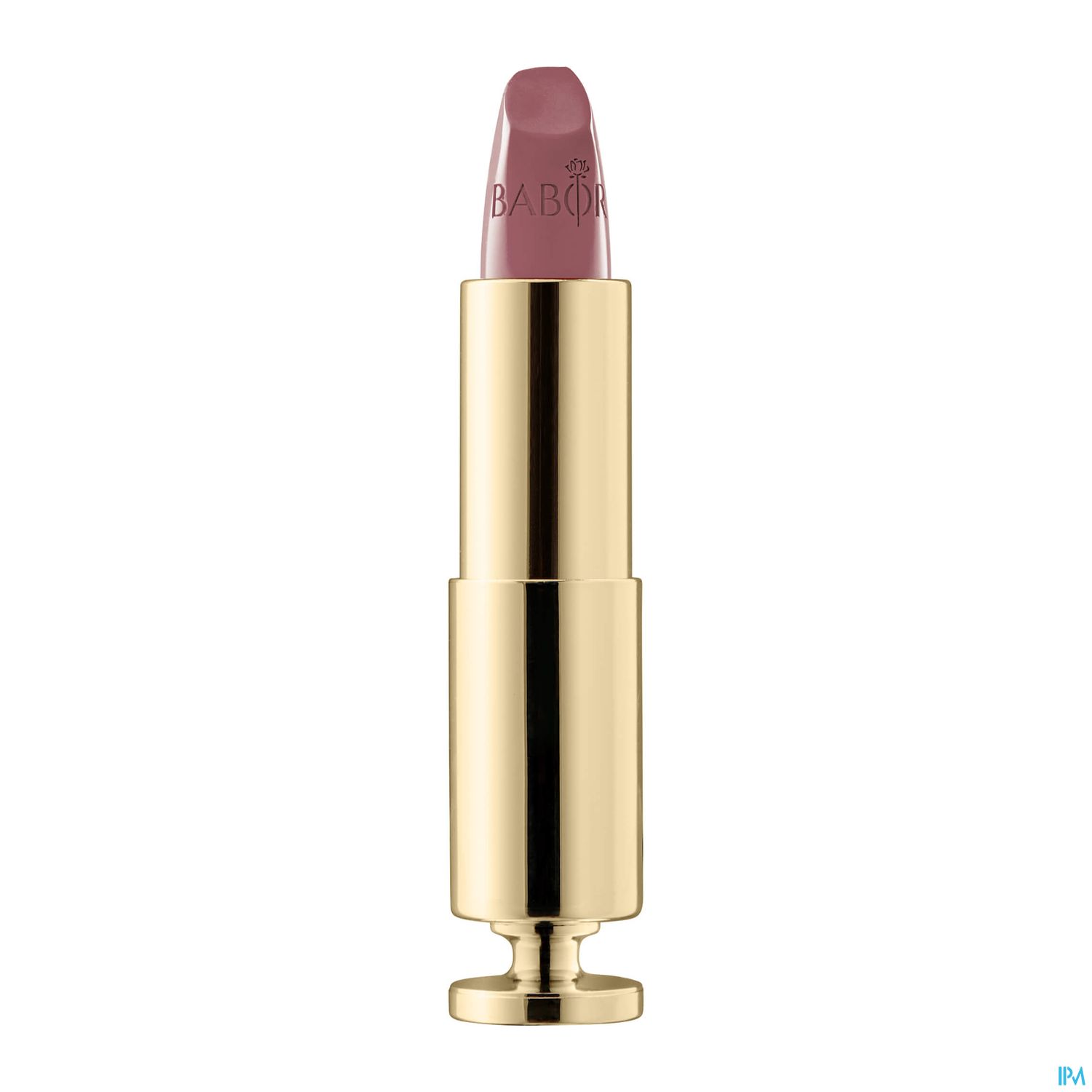 Ein goldenes Lippenstift-Gehäuse mit rosafarbener Farbtönung an der Spitze.