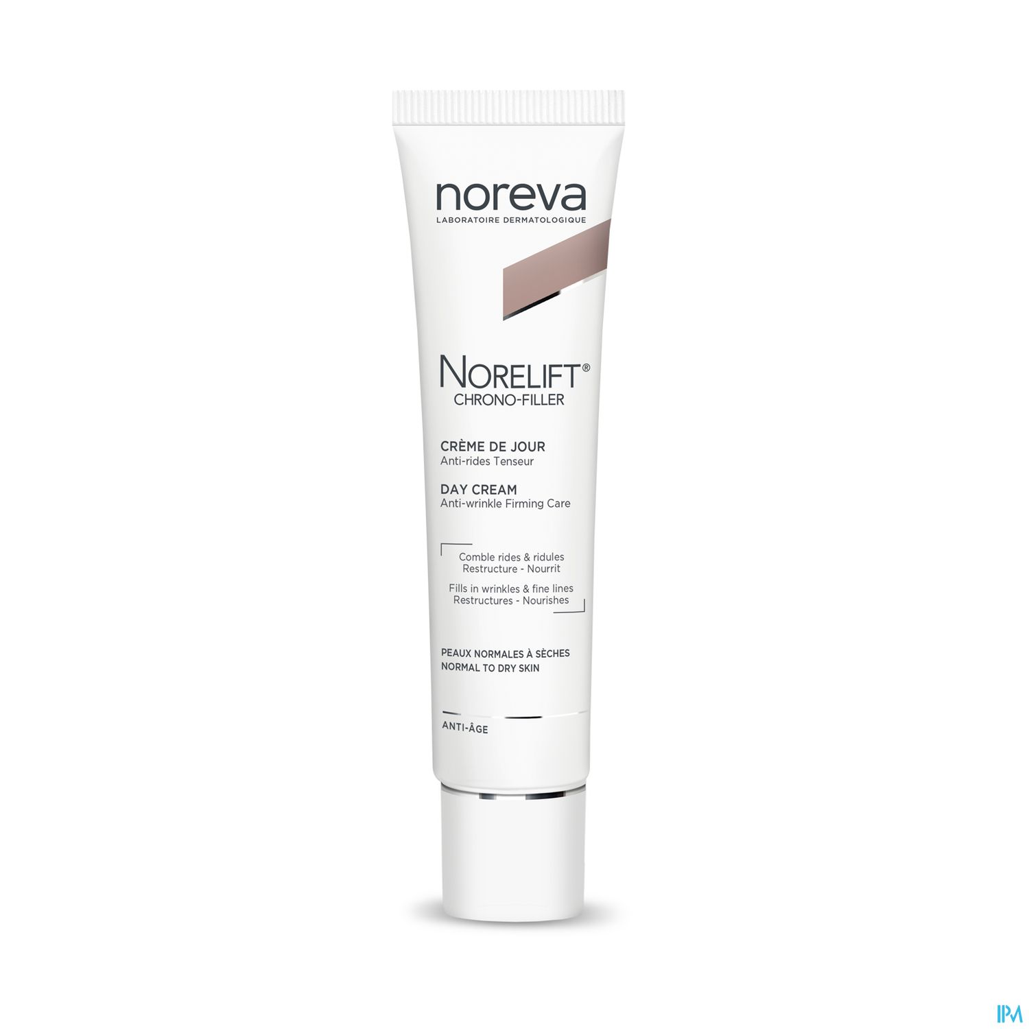 Tube mit Noreva Norelift Chrono-Filler Tagescreme, die Anti-Aging-Eigenschaften hat.