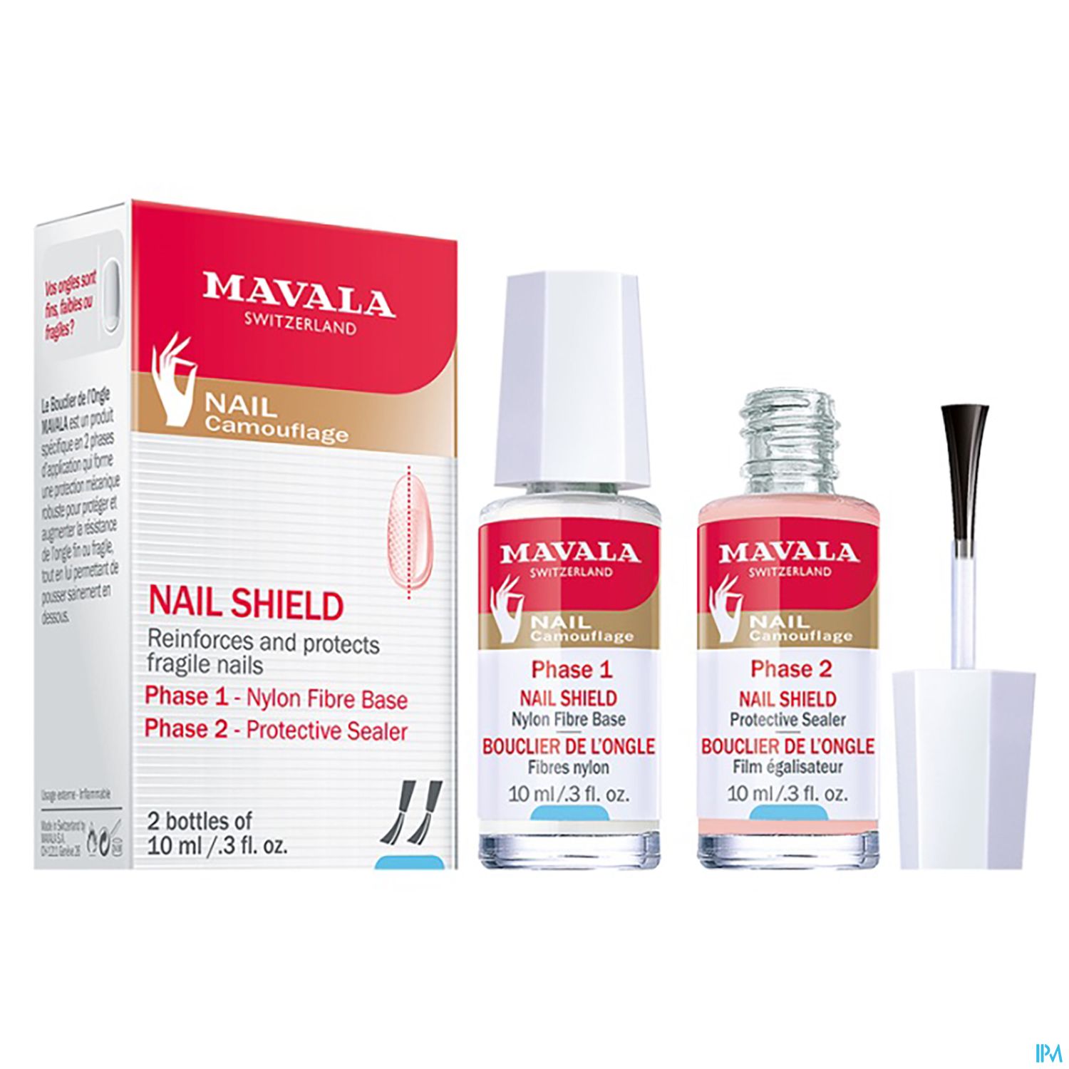Verpackung von Mavala Nail Shield, bestehend aus zwei Fläschchen (Phase 1 und Phase 2) für den Schutz und die Stärkung von brüchigen Nägeln.