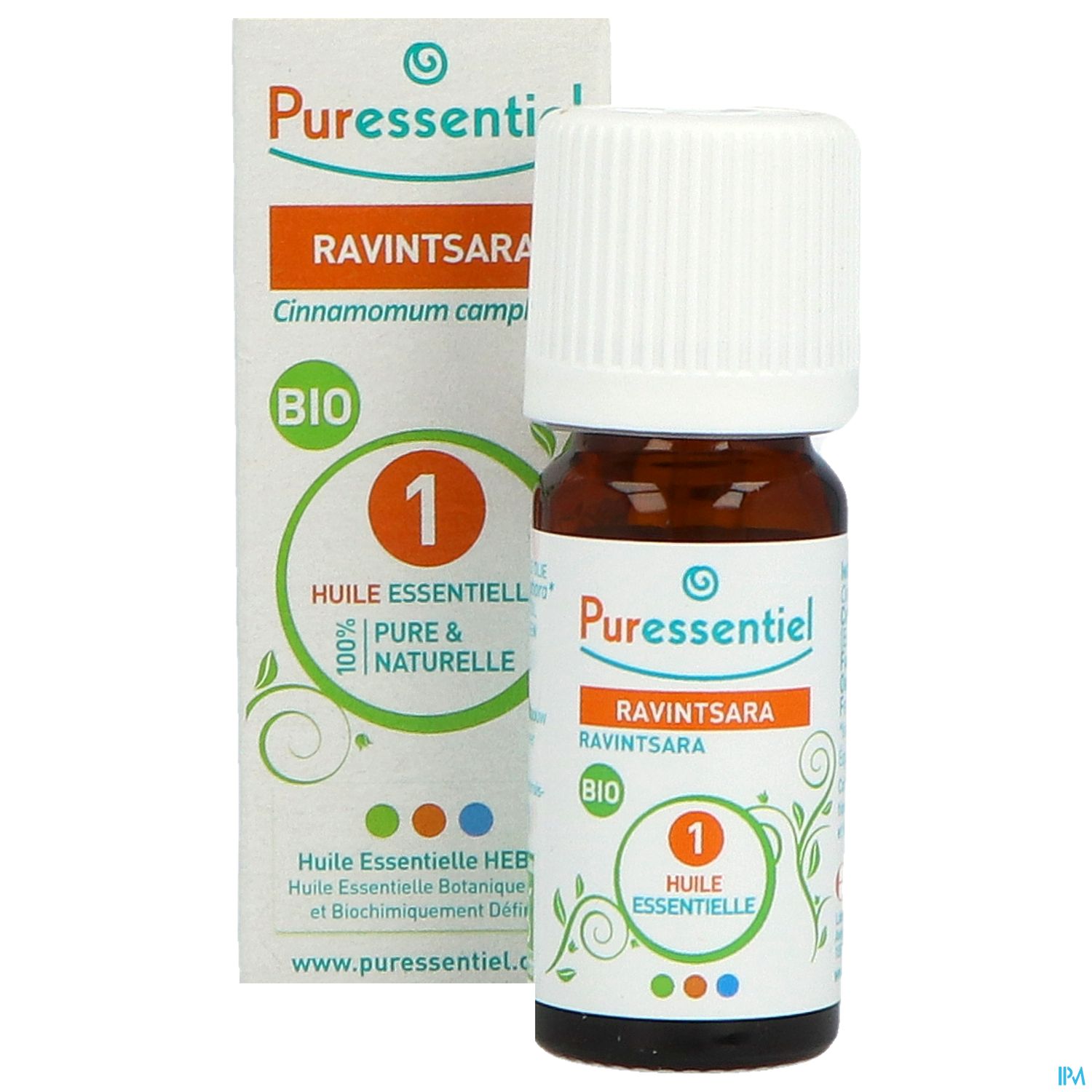 Braunflasche mit weißem Verschluss, Etikett zeigt den Schriftzug "Puressentiel Ravintsara 100% Bio", daneben steht eine schmale, grüne Schachtel mit ähnlichem Design.
