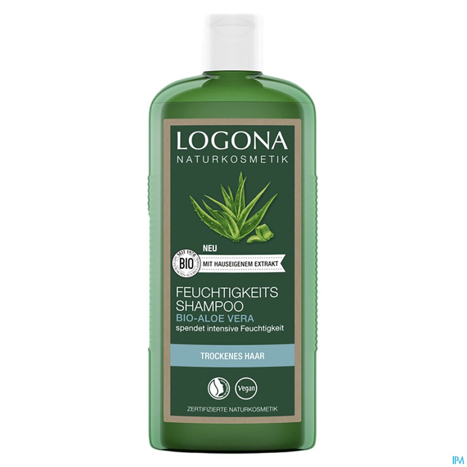 Grüne Shampoo-Flasche von Logona Naturkosmetik, mit der Aufschrift "Feuchtigkeitsshampoo" und "Bio-Aloe Vera" für trockenes Haar.
