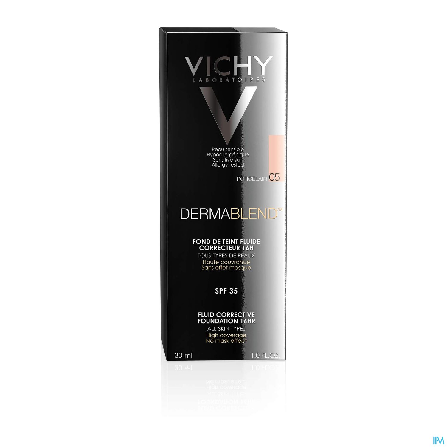 Schwarze Verpackung mit der Aufschrift "VICHY LABORATORIES DERMABLEND" und Informationen zum Produkt, das ein flüssiges Make-up mit SPF 35 ist.