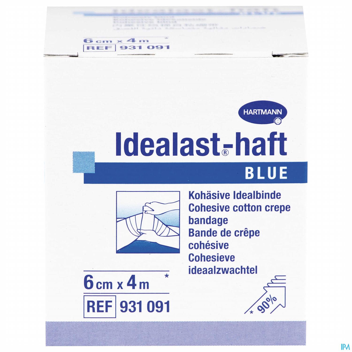 Verpackung einer kohäsiven Idealbinde namens "Idealast-haft BLUE", Größe 6 cm x 4 m, mit Produktinformationen auf Deutsch, Englisch und Französisch.
