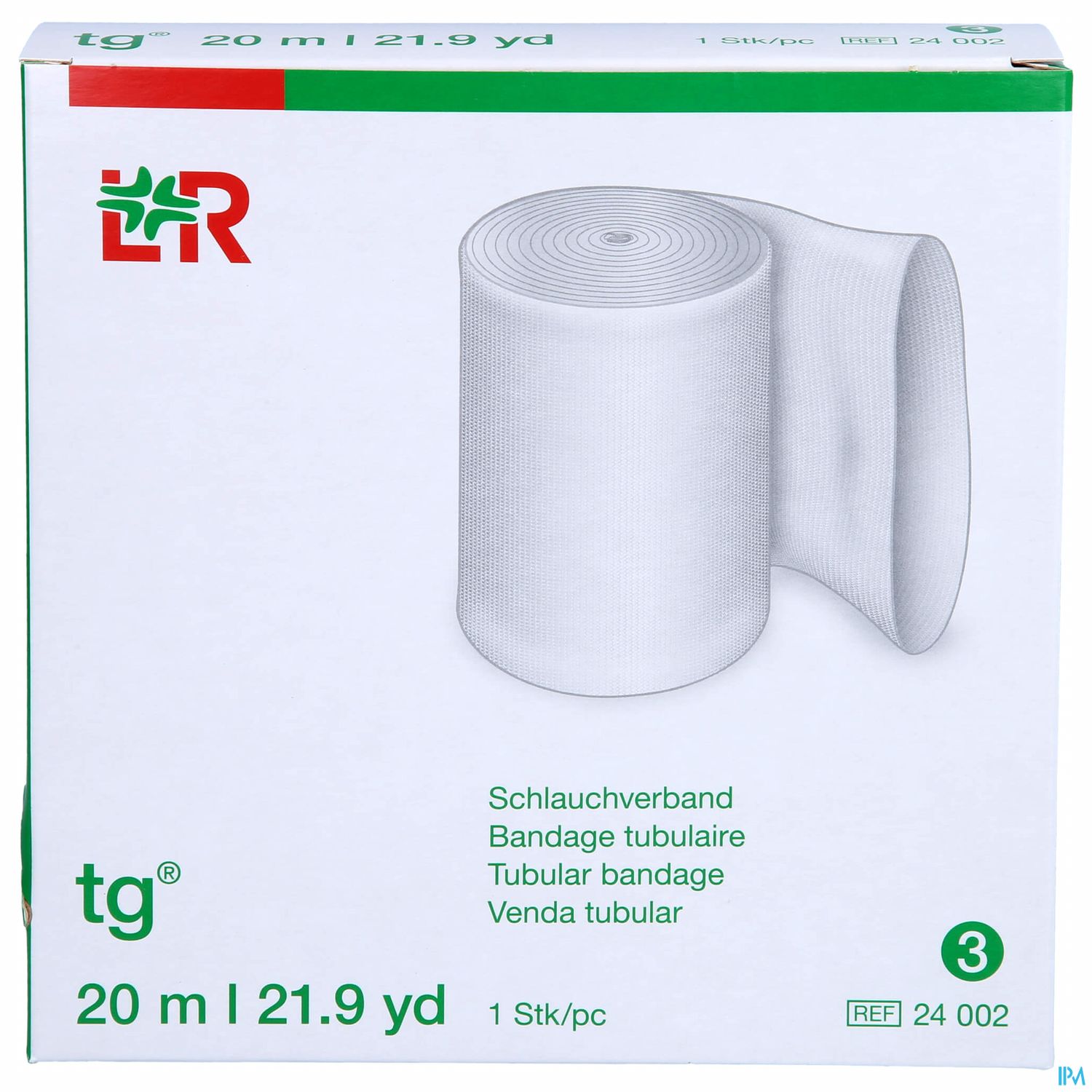 Verpackung eines Schlauchverbands mit der Aufschrift „20 m | 21.9 yd“ und den Hinweisen auf die Verwendung als Tubularbandage.