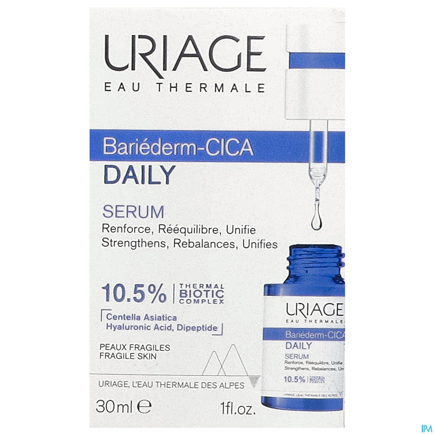 Produktverpackung von Uriage Bariederm-Cica Daily Serum, 30 ml, mit Angaben zu Inhaltsstoffen und Eigenschaften.