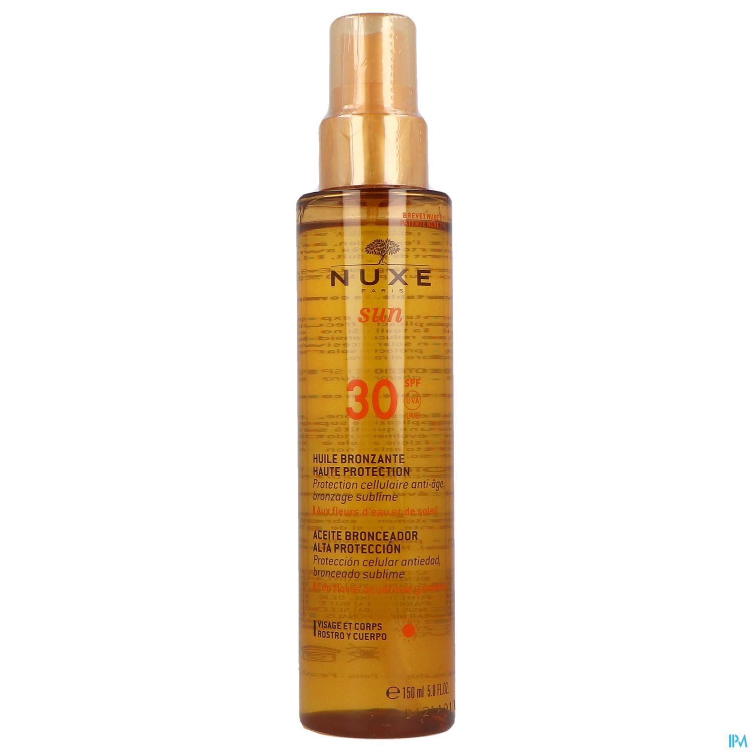 Flasche mit bronzefarbenem Sonnenöl mit Lichtschutzfaktor 30 von Nuxe.