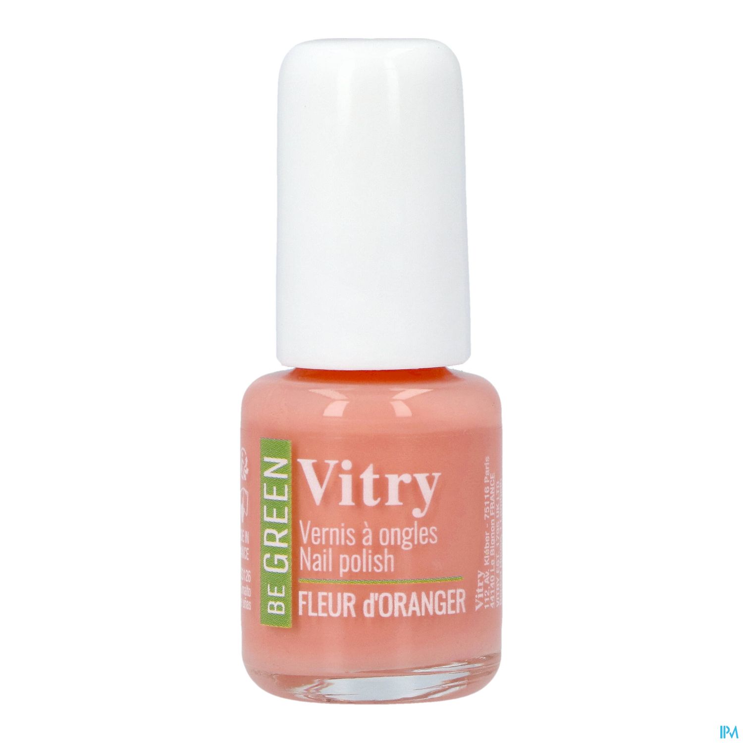 Nagellackflasche in Roséfarbe mit weißem Deckel, beschriftet mit "Vitry Vernis à ongles" und "Fleur d'Oranger".
