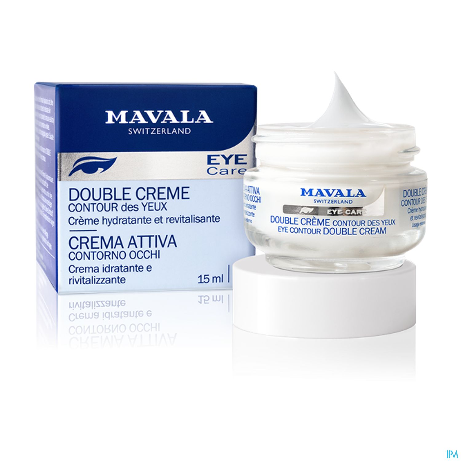 Augencreme in einem Glasbehälter mit Deckel, neben einer blauen Verpackung mit dem Produktnamen "DOUBLE CREME CONTOUR DES YEUX".