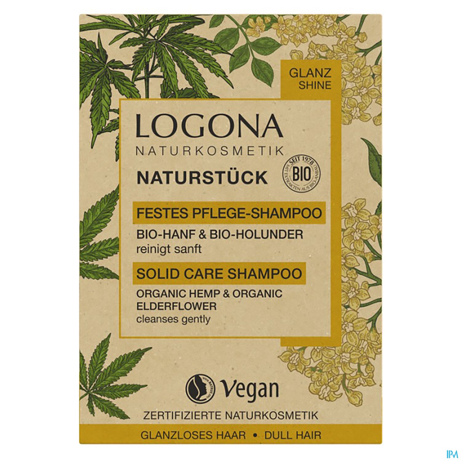 Verpackung eines festen Pflege-Shampoos von Logona mit der Aufschrift "Naturstück", "Bio-Hanf & Bio-Holunder" und Hinweisen zu Inhaltsstoffen und Anwendung.